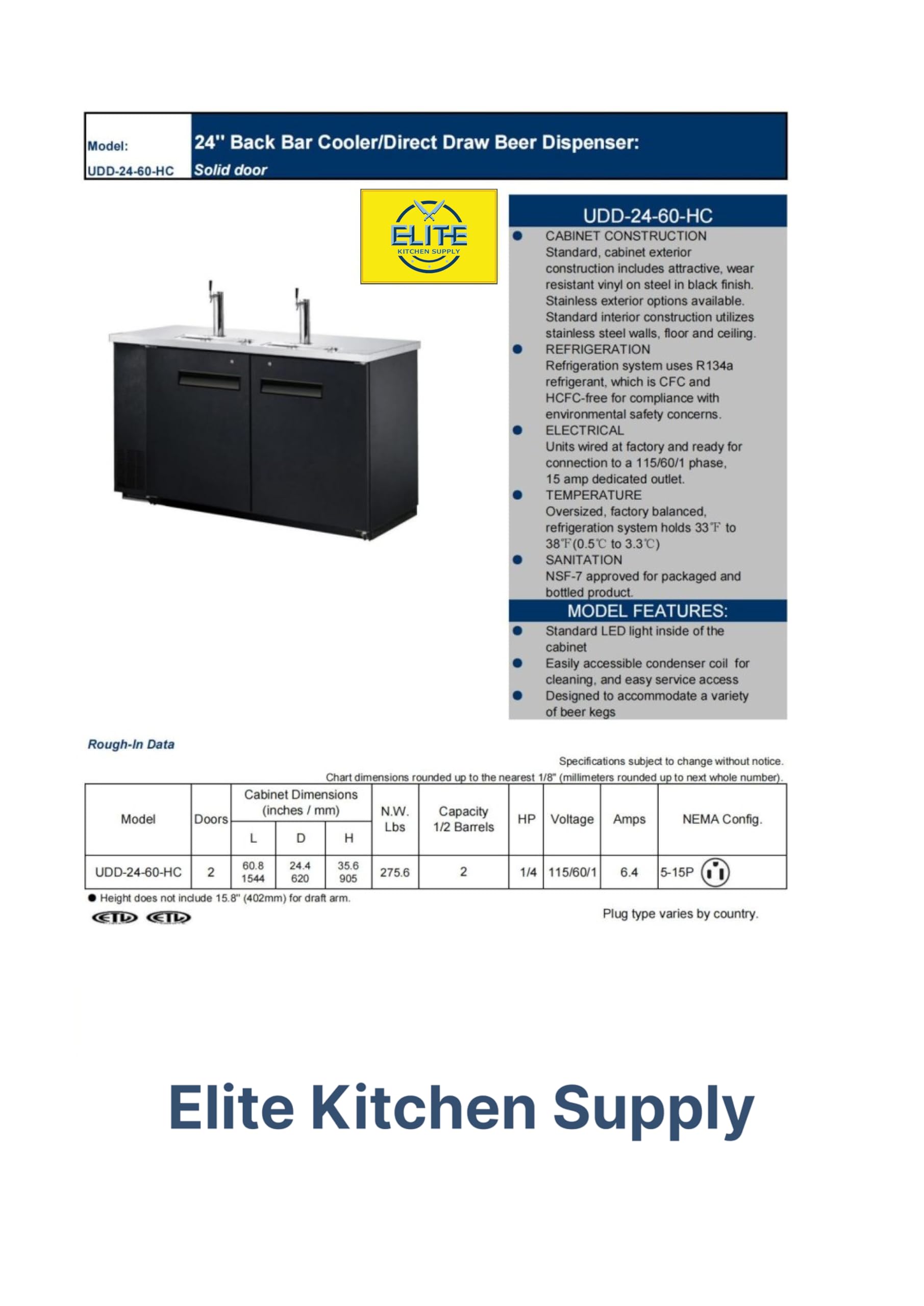 Elite Kitchen Supply Beer Keg Dispenser Kegerator Commercial Refrigerator 2 tap, ETL NSF 60