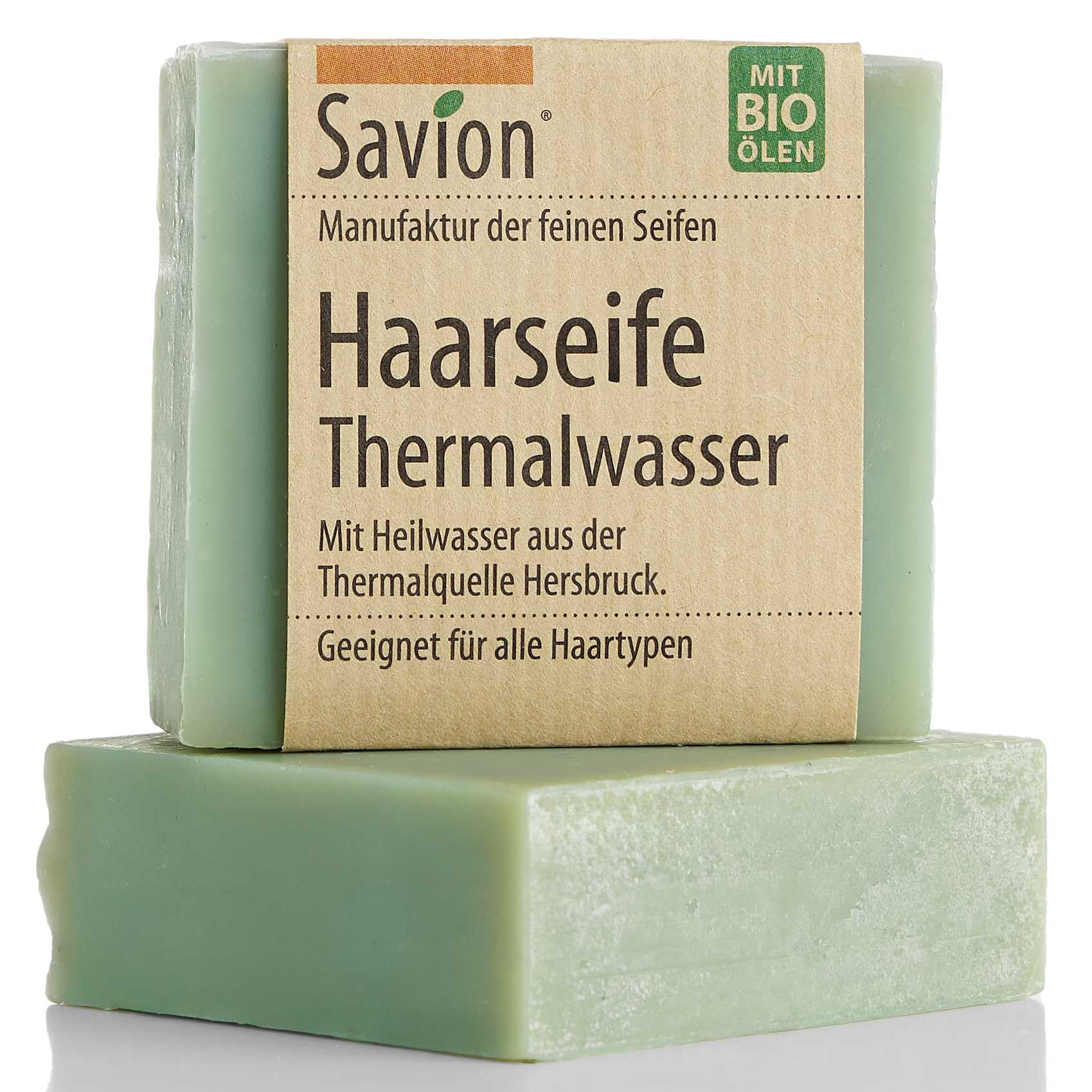 Savion Haarseife mit Thermalwasser | Naturkosmetik für alle Haartypen | Vegan | Palmölfrei | Bio-Haarseife mit Heilwasser | Für glänzendes und kräftiges Haar 85g