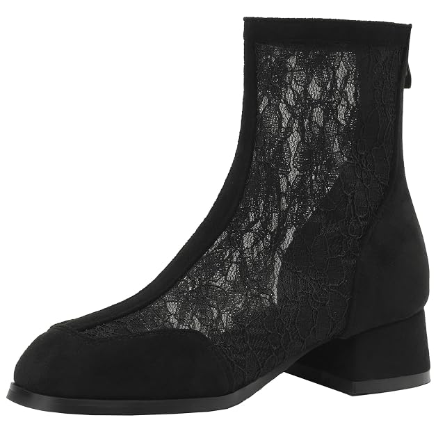 Womens Mesh Ankle Boots with Mid Block Heel and Zipper Closure for Summer