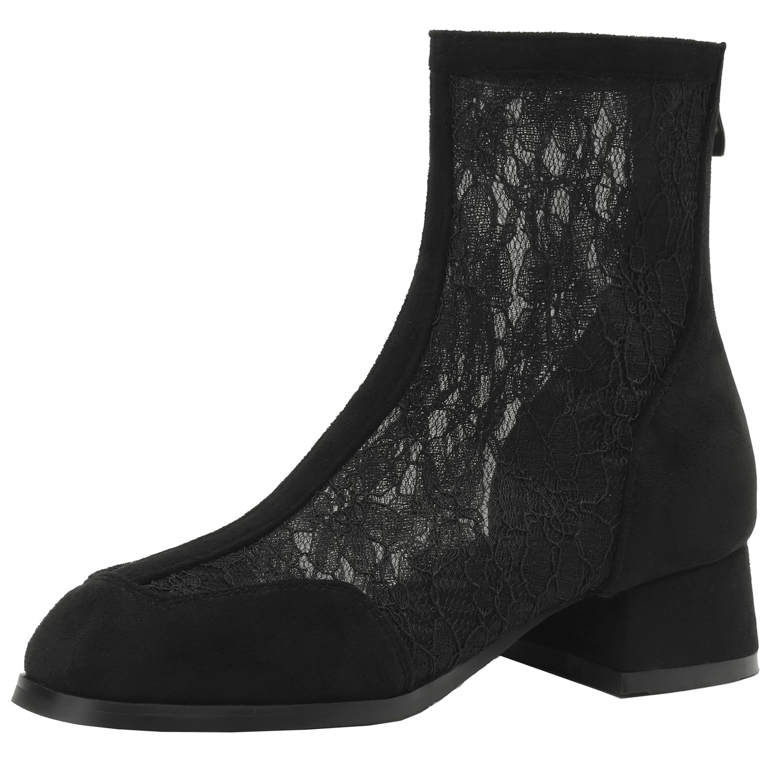 Womens Mesh Ankle Boots with Mid Block Heel and Zipper Closure for Summer