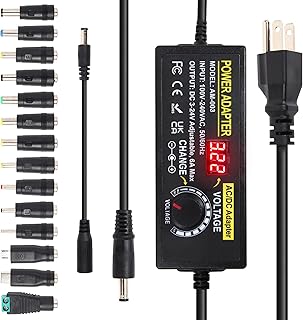 3~24V 144W 6A Adjustable Power Supply - AOYADAISU Universal Power Adapter with 5.5 x 2.1mm DC Plug - 100-240V AC to DC Variable Power Supply Converter for LED Strip Light, Security Camera, Router