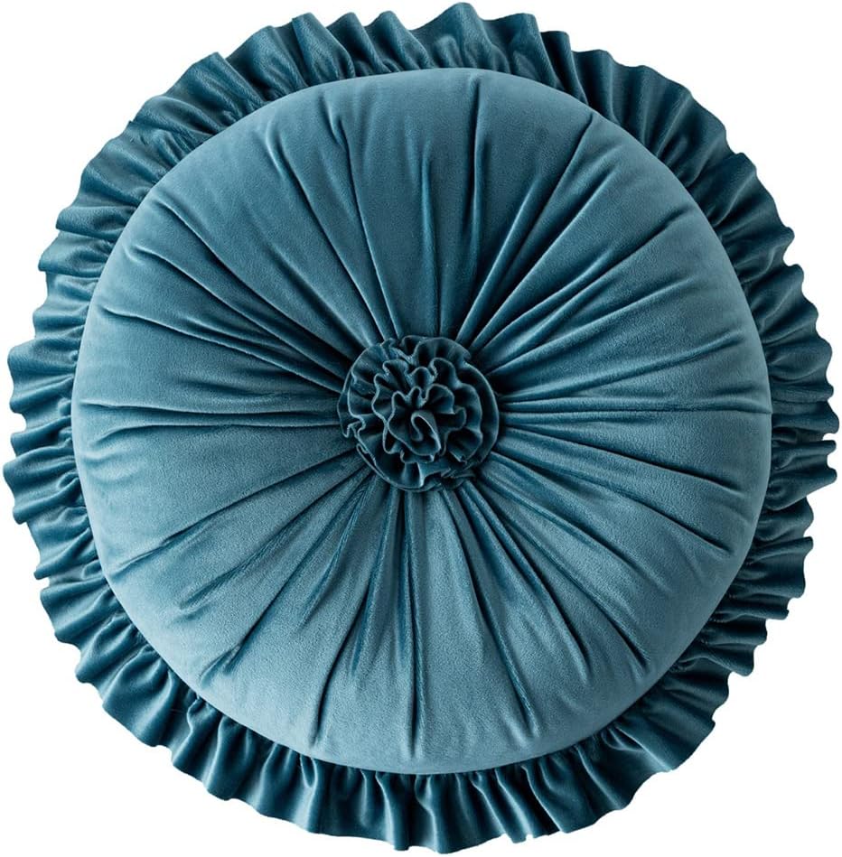 vctops Round Throw Pillow with Ruffles, Pumkin Pleated Velvet Chair Cushion 3D Floral Decorative Floor Pillow for Sofa Bedroom Office Car (Orange,Diameter 14")