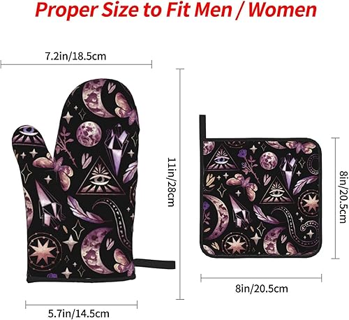 Miniatura 3 de Juego de 4 manoplas de horno y soportes para ollas, diseño gótico de tarot, luna, mariposa, mágico, guantes de cocina, resistentes al calor,