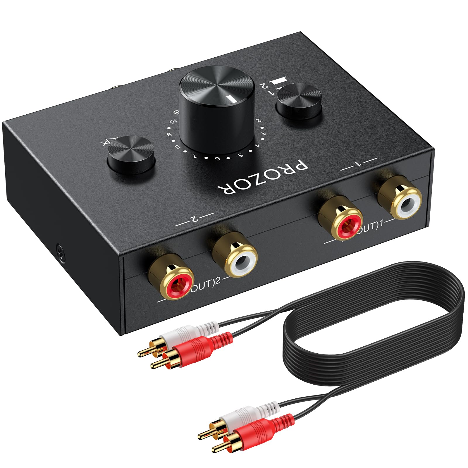 PROZOR RCA Audio Switcher 2(1)-In-1(2)-Out Bidirectional RCA Speaker Switch Box with Volume Control Mute Button and No External Power Required