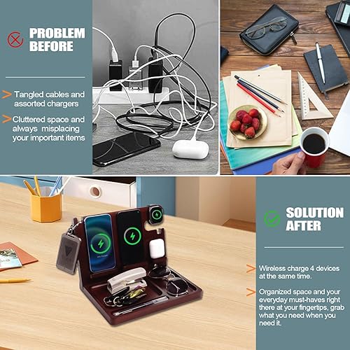 Miniatura 22 de Estación de carga de mesita de noche, soporte de carga inalámbrica de carga rápida de 27 W para iPhone/iWatch/Airpod/Samsung, estación de 8801,nogal