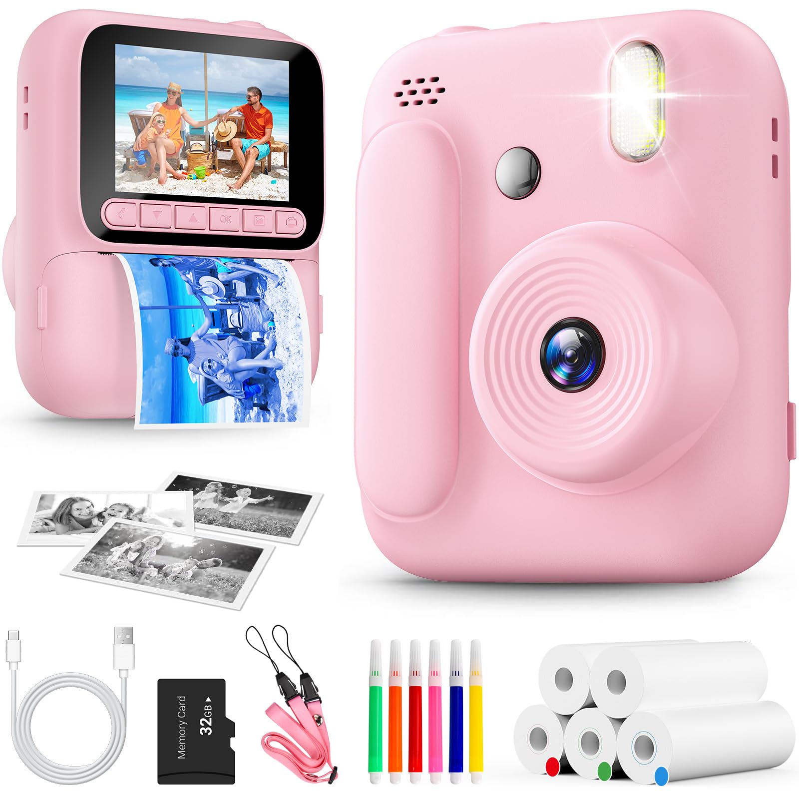 Naxup Sofortbildkamera für Kinder,1080P Kinderkamera mit 5 Rollen Druckpapier,32GB-Karte und Farbstiften,Tragbare Digitalkamera für Jungen und Mädchen,Geschenke für Kinder im Alter 3–14 Jahren (Rosa)
