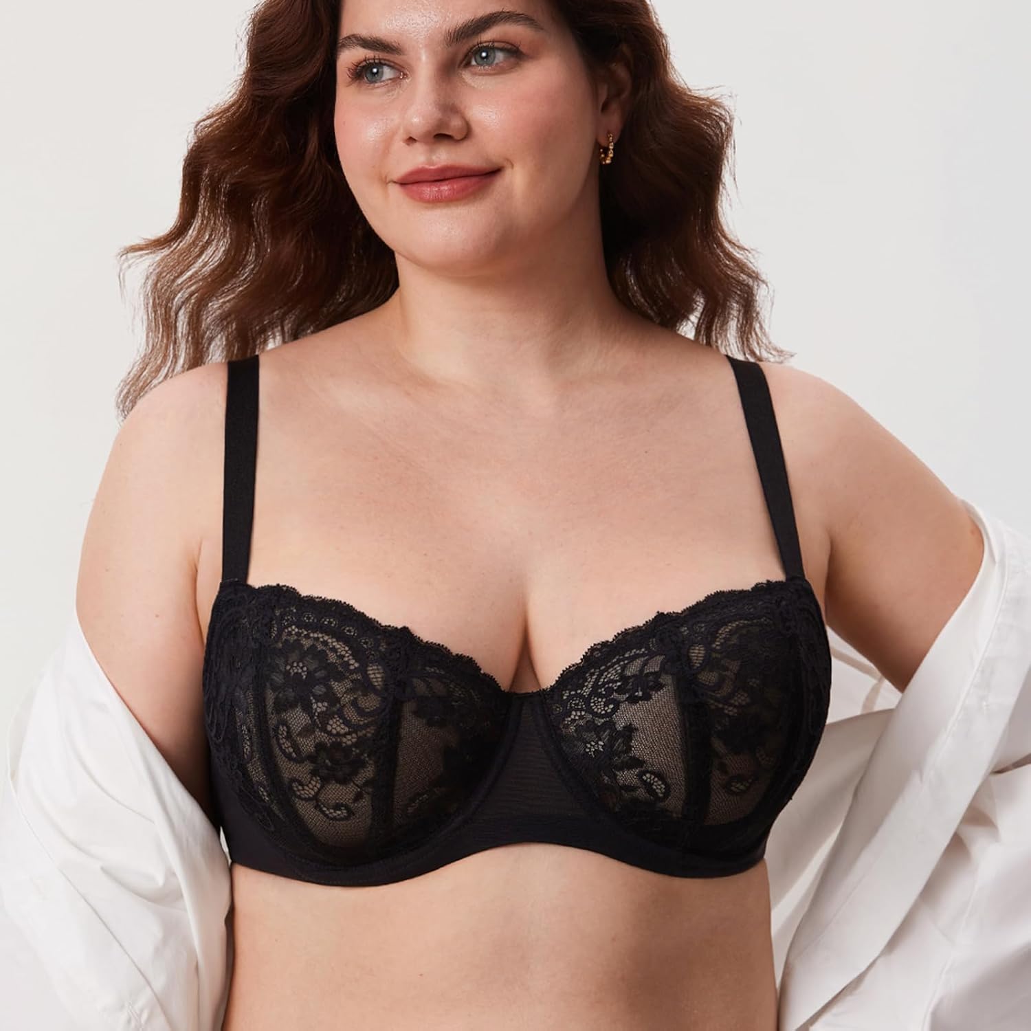 DELIMIRA Women's Balconette Lace Bra Plus Size Sexy See Through Unlined Underwire Bras