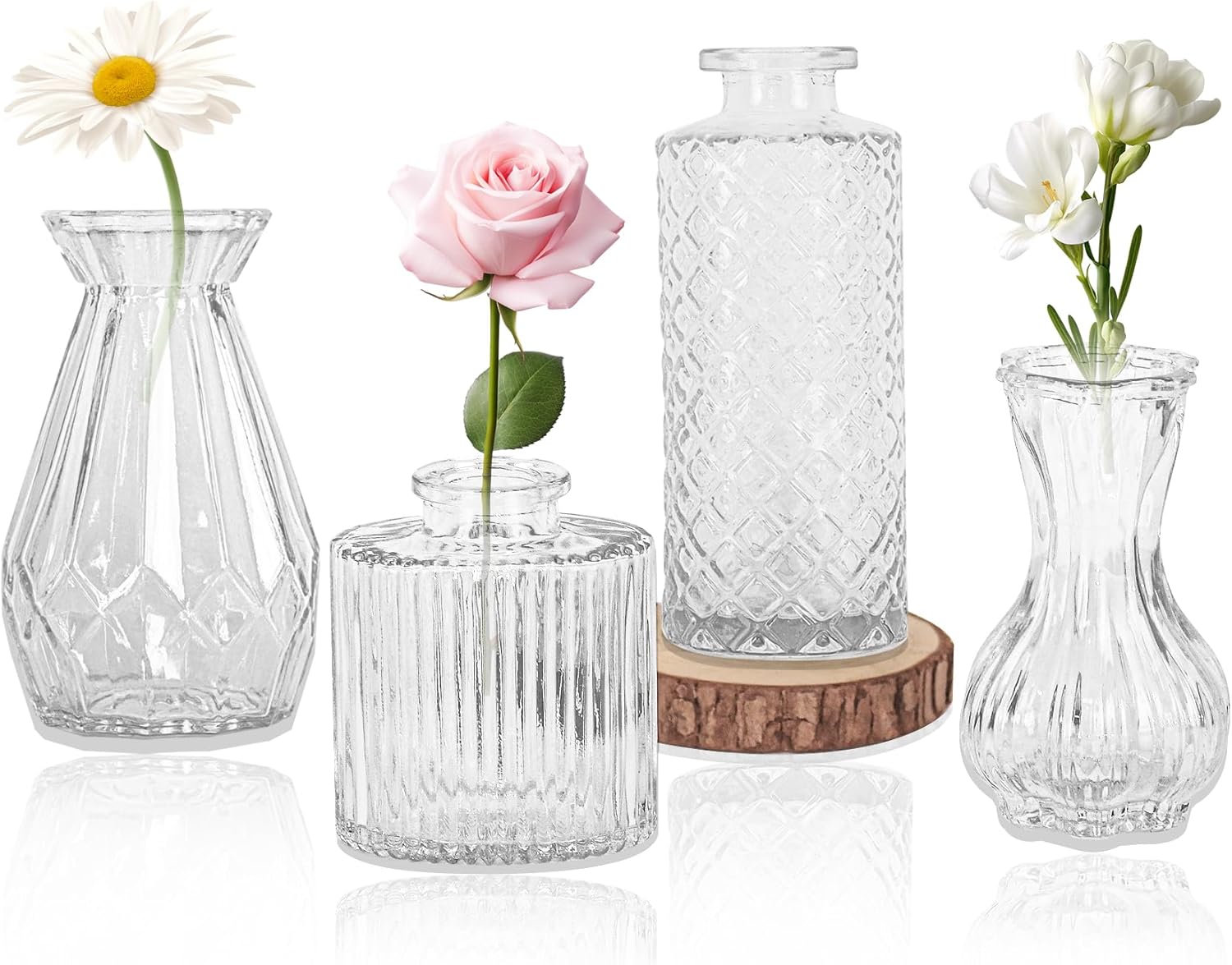 HAISIWLKJ Set of 4 Vintage Glass Bud Vases - Small Clear Mini Flower Vases, Rustic Table Centerpieces for Weddings, Parties & Home Decor