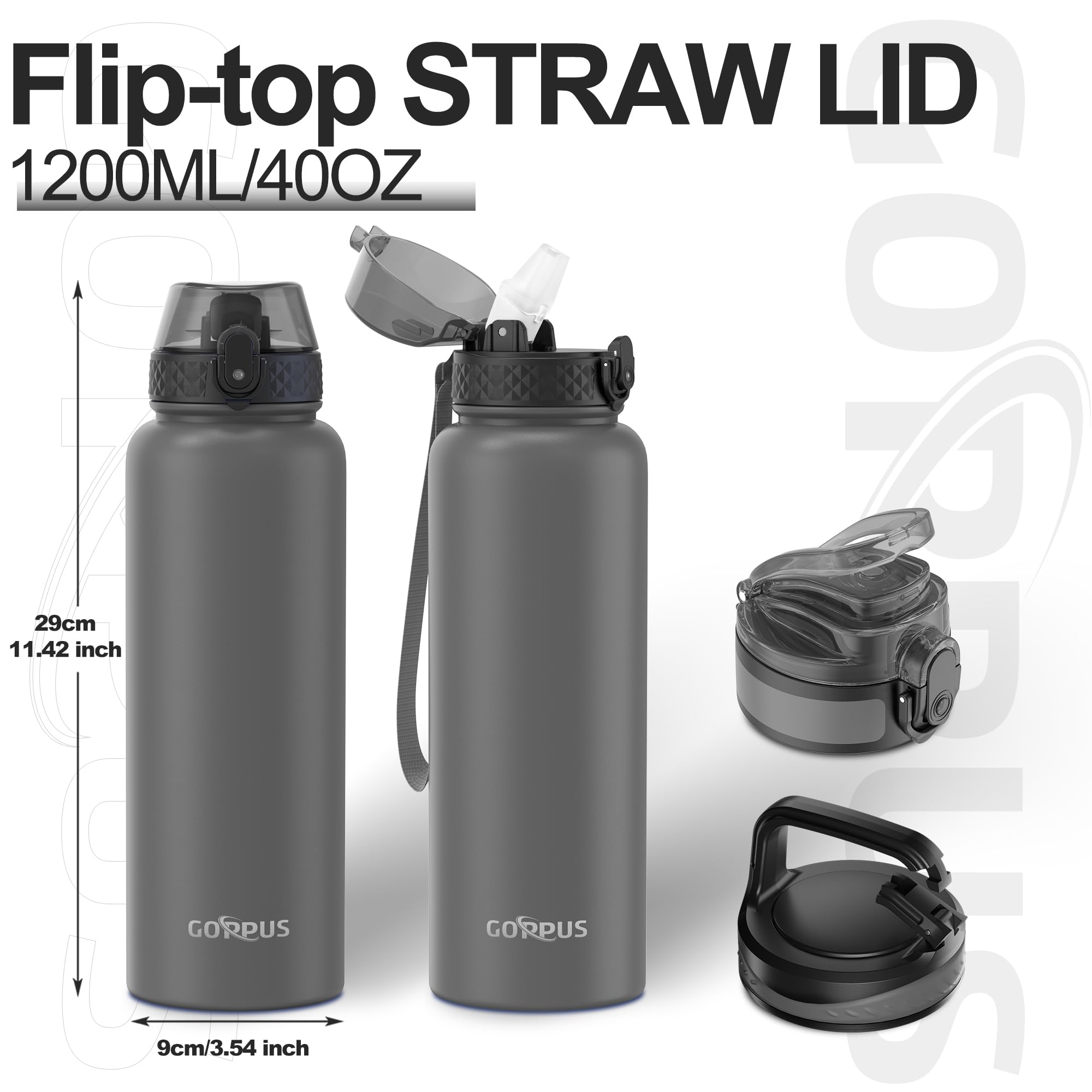 GOPPUS 1.2L/40oz Stainless Water Bottle with Straw Double Wall Insulated Bottles with Strap Large Vacuum Thermal Flask Leakproof Keep Cold Drinks Bottles with Flip Top Lid for Men Women BPA Free - Image 4