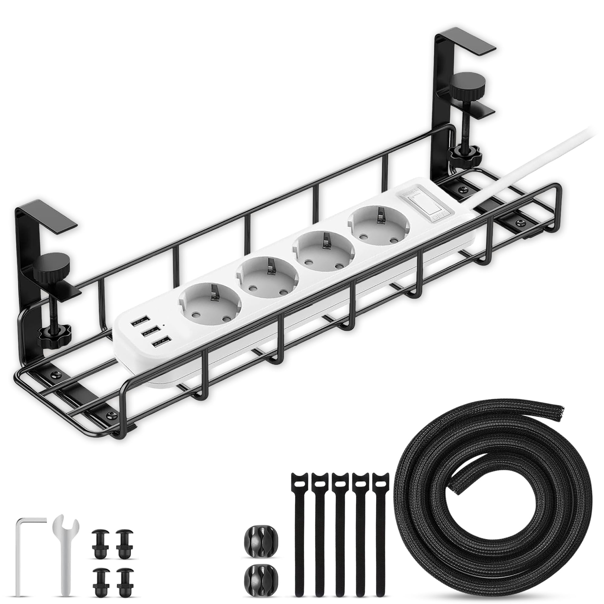 Bandeja de Cables para Escritorio, Bandeja de Gestión de Cables, Alambre de Metal, Recoge Cables, Cajonera Escritorio, Instalación sin Taladrar para Hogar u Oficina - Paquete de 1 Negro