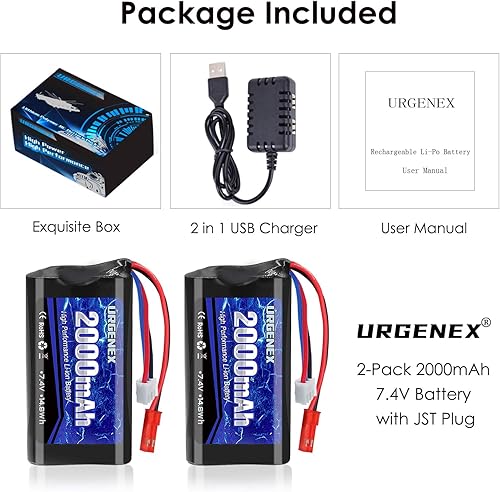 Miniatura 7 de URGENEX Batería de iones de litio de 2000 mAh 7.4 V con enchufe JST 2S batería recargable RC con 1 a 2 cargador USB apto para helicóptero RC camión