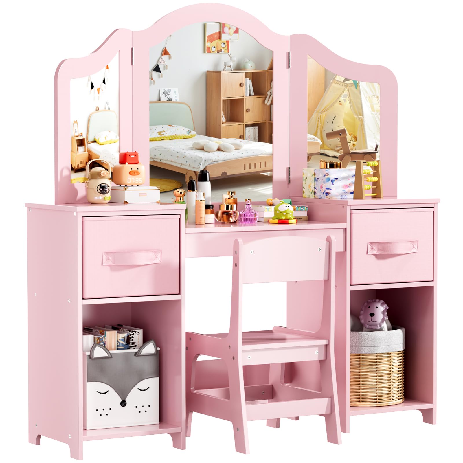 MAMIZO Toeletta Trucco Bambina 2 in 1, Toeletta per Bambi con Specchio Rimovibile, Sgabello, 2PCS Cassetto in Tessuto, Scrivania per Bambini, 108x30x114 cm, Rosa