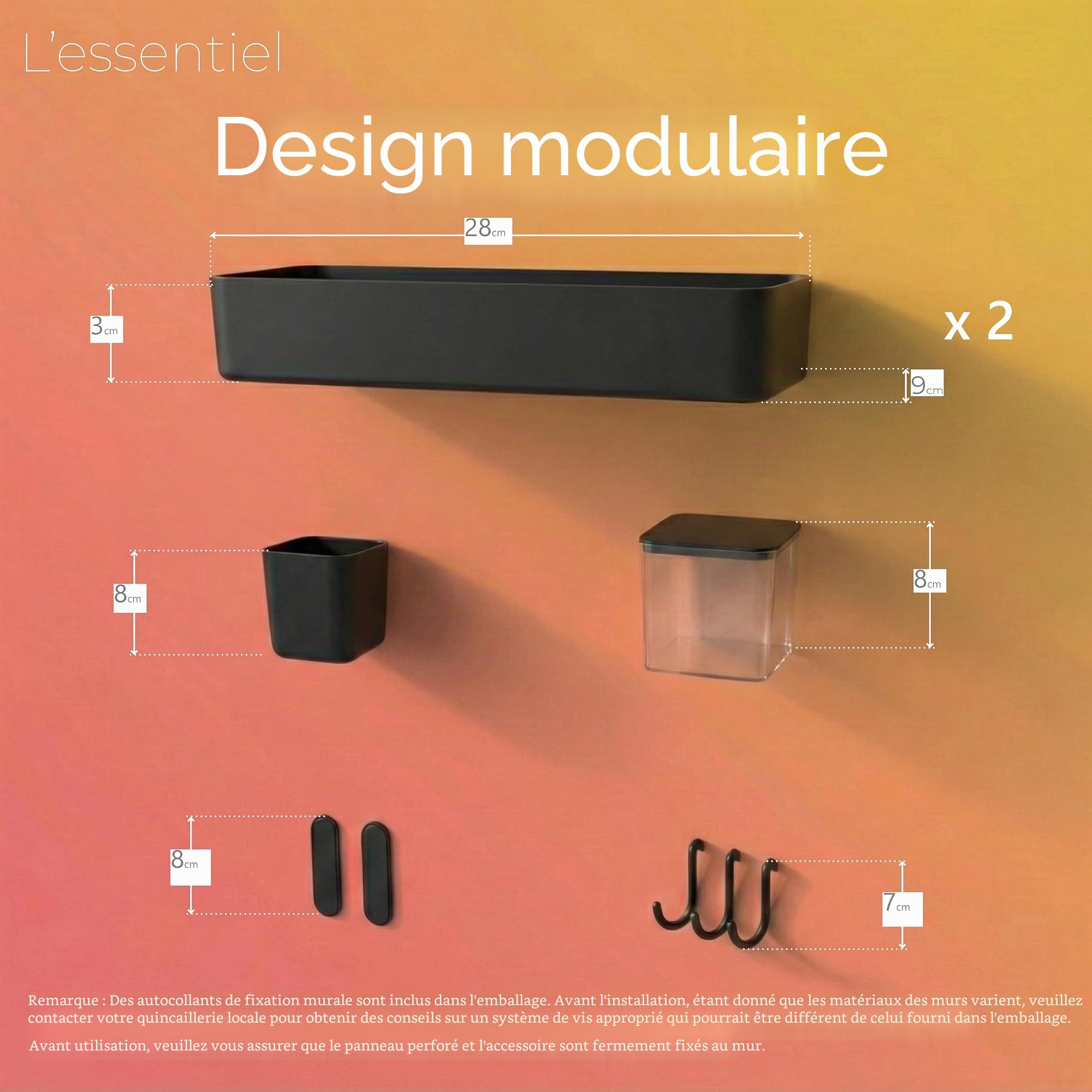 L'essentiel Set Complet 4 Panneaux perforés Noirs 28x28cm - Système Rangement Mural modulable