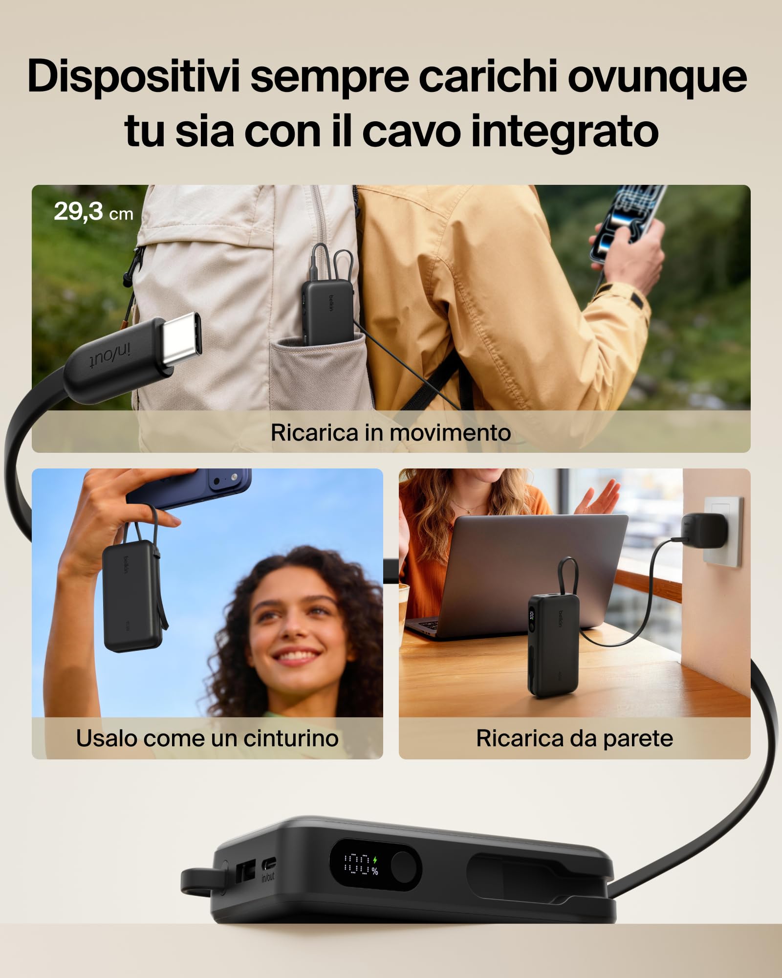 Belkin UltraCharge Power Bank 10000mAh con Cavo USB-C e Display - Nero | Caricatore Portatile 10000mAh, Ricarica 3 dispositivi (1 USB-C, Cavo USB-C Integrato, 1 USB-A), 45W, Pre-Caricato, Display