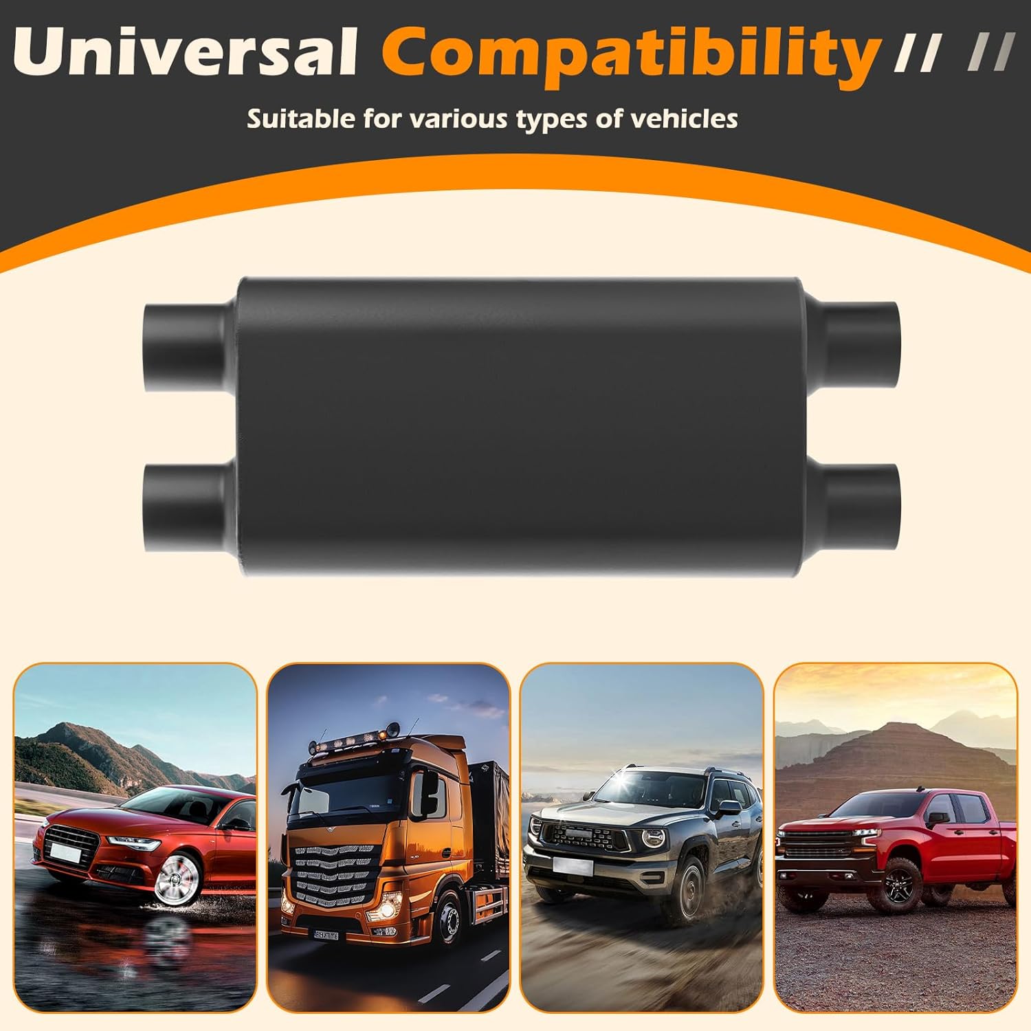 A-KARCK Universal Exhaust Muffler 2.25" Dual Inlet 2.25" Dual Outlet, 23" Overall Length Aluminized Steel Aggressive Sound Race Muffler for Cars, Trucks (Black)