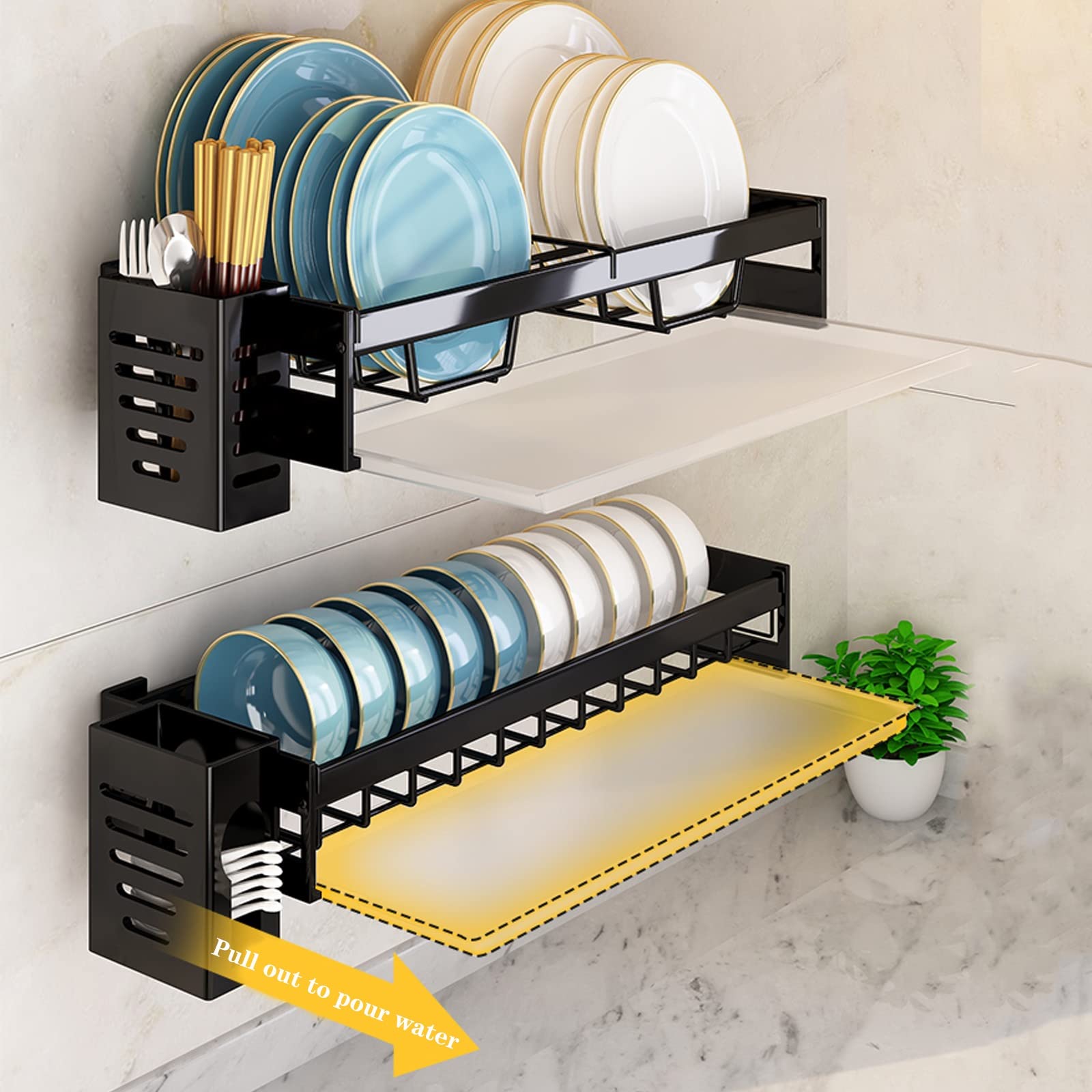 Scolapiatti da parete in acciaio inox, scolapiatti a 2 ripiani, scolapiatti con vaschetta raccogligocce e portautensili, per piatti/ciotole/tazze/cucchiai/forchette, scolapiatti nero da cuci