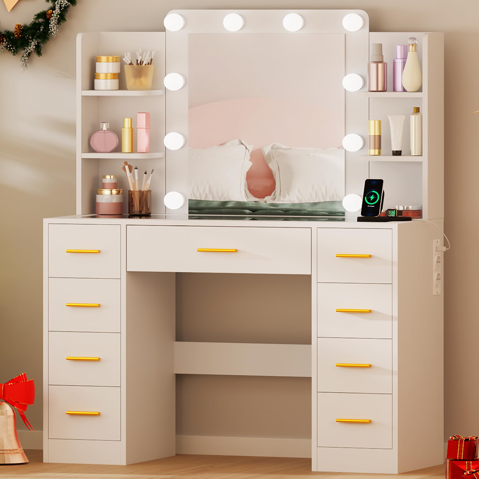 BEWISHOME Grande Coiffeuse avec Miroir et LED lumières,Luminosité Réglable,Coiffeuse avec Plateau en Verre,Table de Maquillage avec Multiprise,9 Tiroirs,4 Étagères Ouvertes Moderne Blanc EFST39W