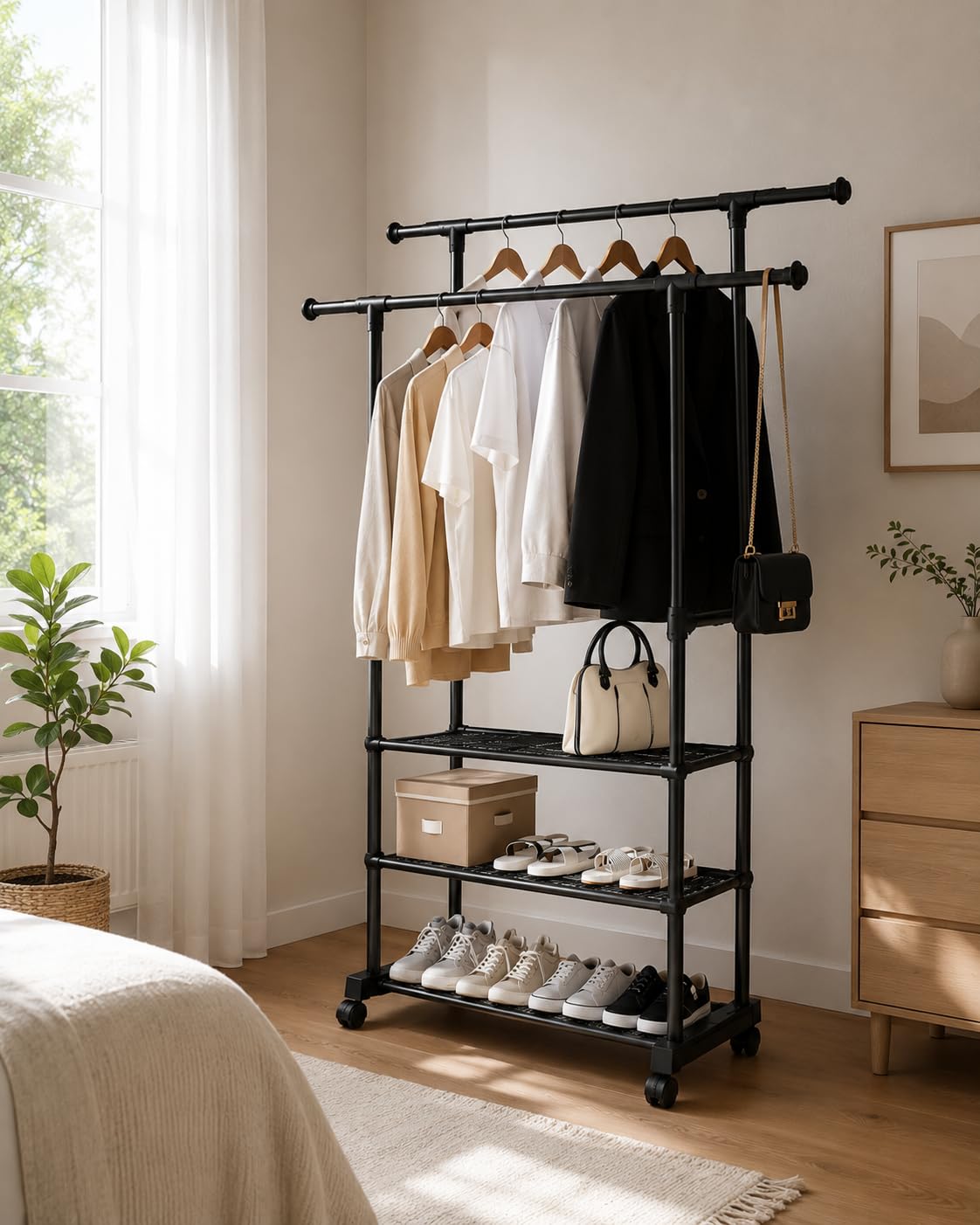 Generico Appendiabiti da Terra con Ruote e Ripiani – Stand Appendiabiti Doppio Bastone in Acciaio Nero – Attaccapanni Salvaspazio per Camera, Ingresso e Cabina Armadio – 42x76x150 cm