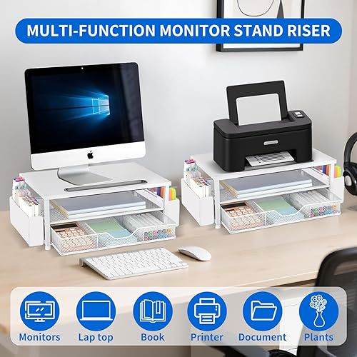Miniatura 4 de AUPSEN Soporte elevador de monitor blanco, organizador de escritorio de madera de 2 niveles con cajón, almacenamiento para bolígrafos y soporte para