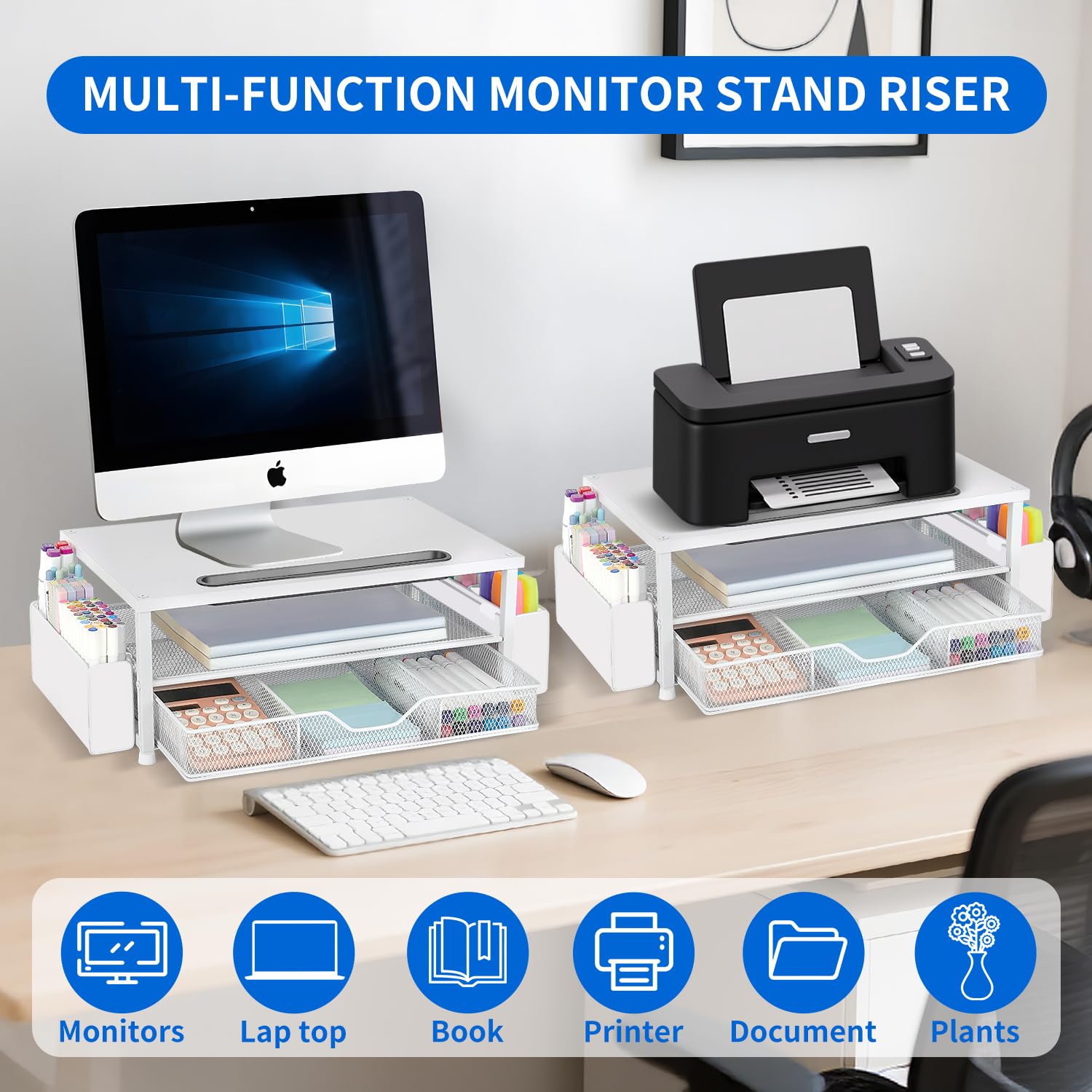 AUPSEN Weißer Monitorständer, 2-stöckig, Holz, Computer-Schreibtisch-Organizer mit Schublade, Stiftaufbewahrung und Handyhalter, Büro-Schreibtisch-Zubehör, Schreibtisch-Organizer für Bürobedarf
