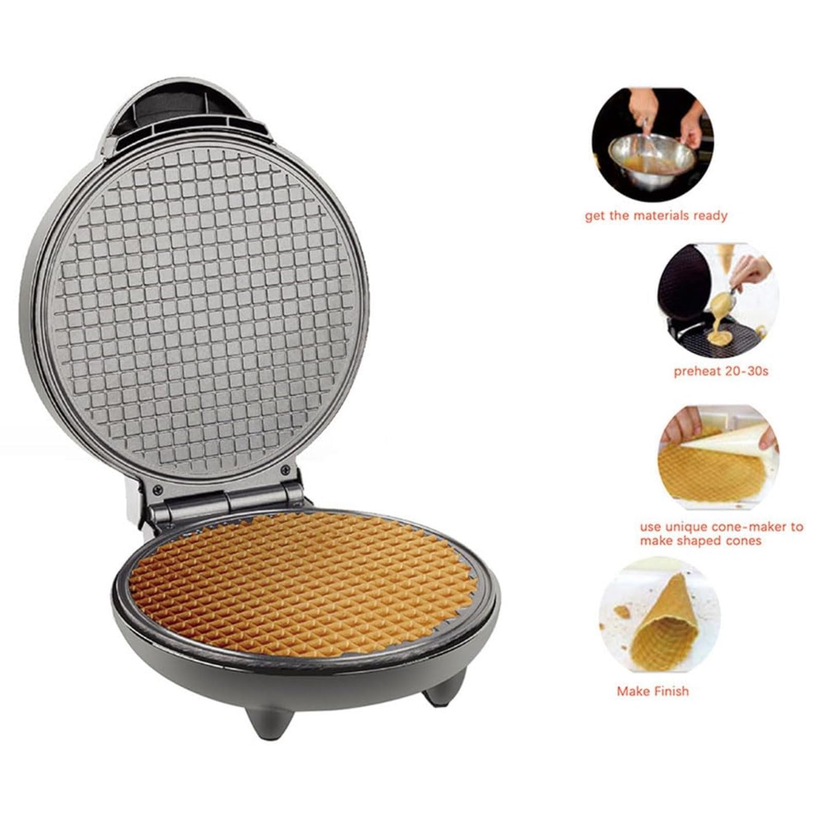 Macchina per Coni Waffle Elettrica, Macchina per Coni Gelato con Riscaldamento a Doppio Lato, Macchina per Involtini di Gelato con Piastre Antiaderenti e Controllo della Temperatura