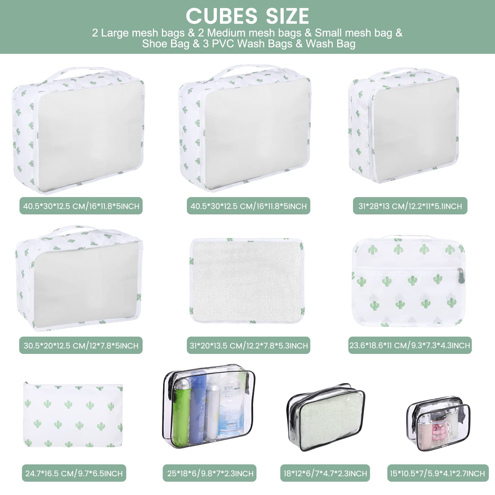 Enloffi Organizer Valigie 10 Pezzi Set Sistema di Cubo di Viaggio Impermeabili Viaggio Accessori Utili per Vestiti Scarpe Biancheria Intima Cosmetici Set di Valigie Portaoggetti, Cactus Bianco