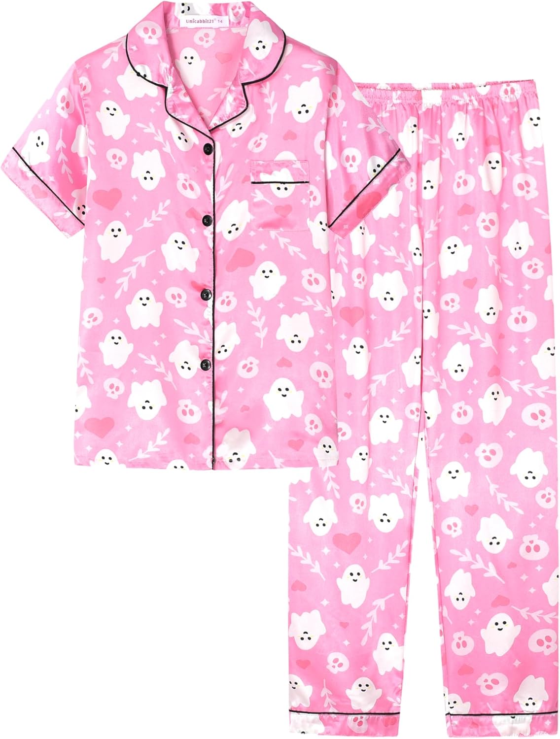 Pink Ghosts Halloween Satin Pajamas for Big Girls Silk Button Down Short Sleeve & Pants PJS Clothes Size 8-16