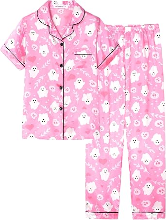 Pink Ghosts Halloween Satin Pajamas for Big Girls Silk Button Down Short Sleeve & Pants PJS Clothes Size 8-16