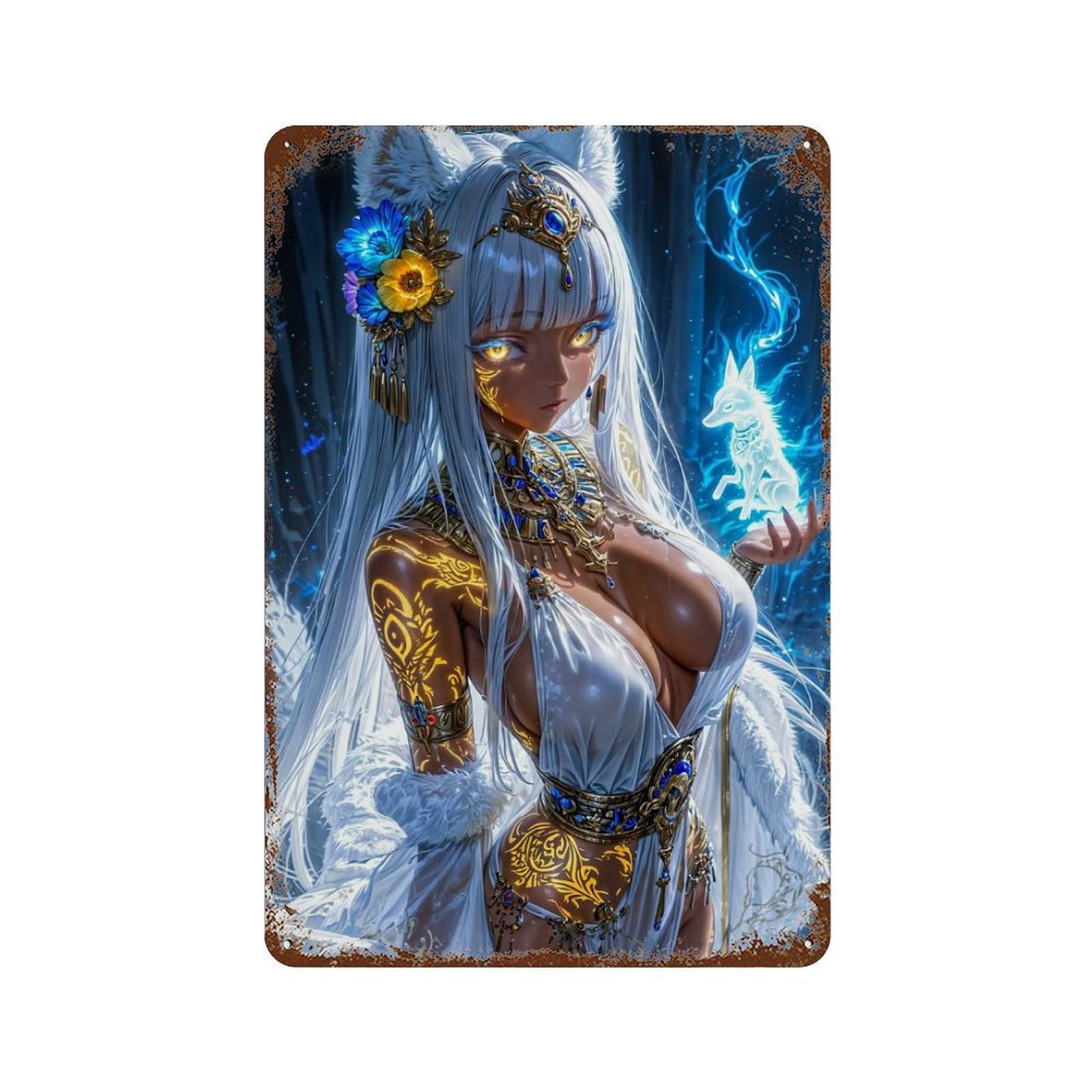 Art Fox Spirit Vintage Metal Tin Sign 11.8"x7.9", Vintage Wall Decor for Garage, Pub Or Kitchen