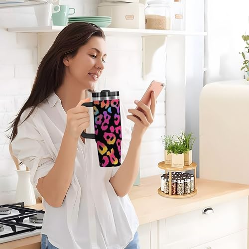 Miniatura 9 de Botella de agua de boca ancha al vacío con estampado de leopardo colorido neón con asa con tapa y pajita, taza térmica decorativa para escuela,