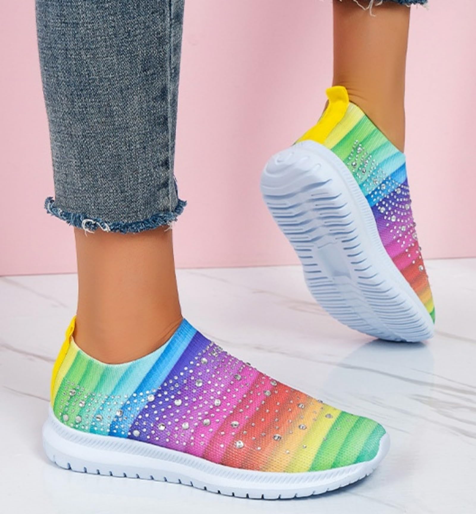 Scarpe da ginnastica da donna con strass, leggere, traspiranti, per danza e camminata