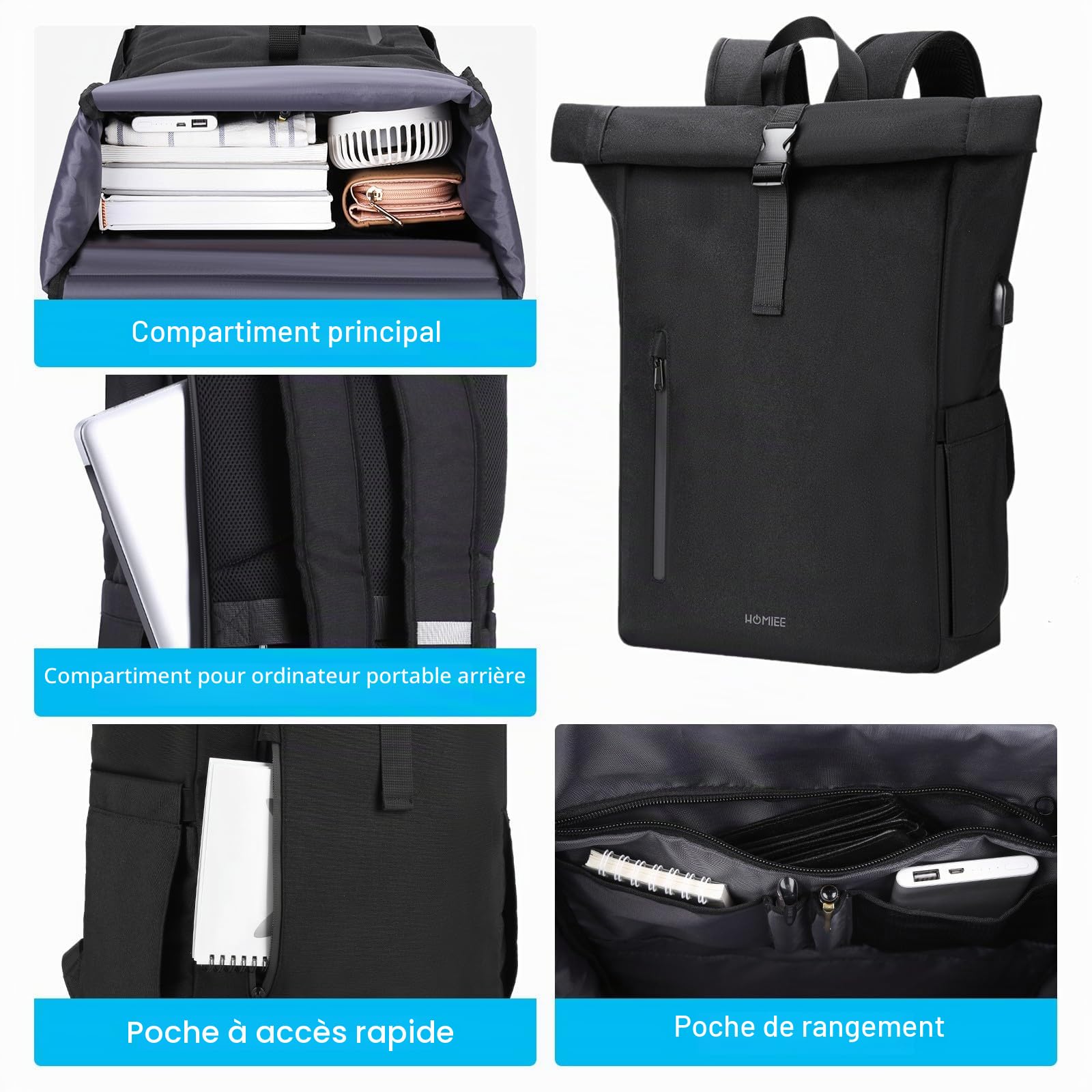 HOMIEE Sac à Dos Roll-Top pour Hommes et Femmes, Sac a Dos PC Portable 17 Pouces 24-30L Extensible pour Ordinateur Portable 17.3" Sac à Dos Loisir