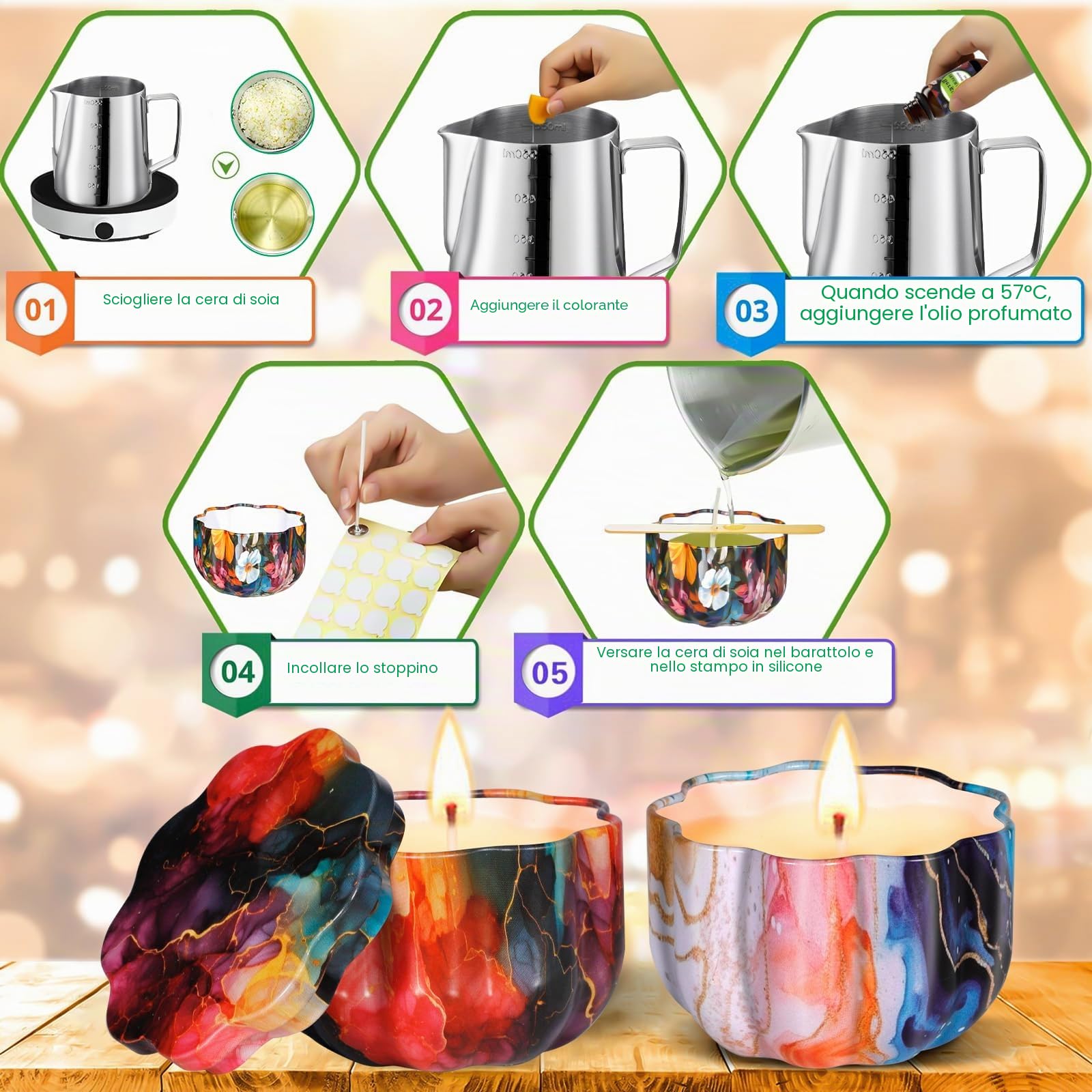 NEMMXUB Kit per Fabbricazione Candele,Kit per Candele Fai da Te,Kit per Fusione Cera per Principianti DIY Set Regalo con Cera di Soia,8 Candele Barattoli,8 Coloranti,3 Stampo in Silicone,30 Stoppini