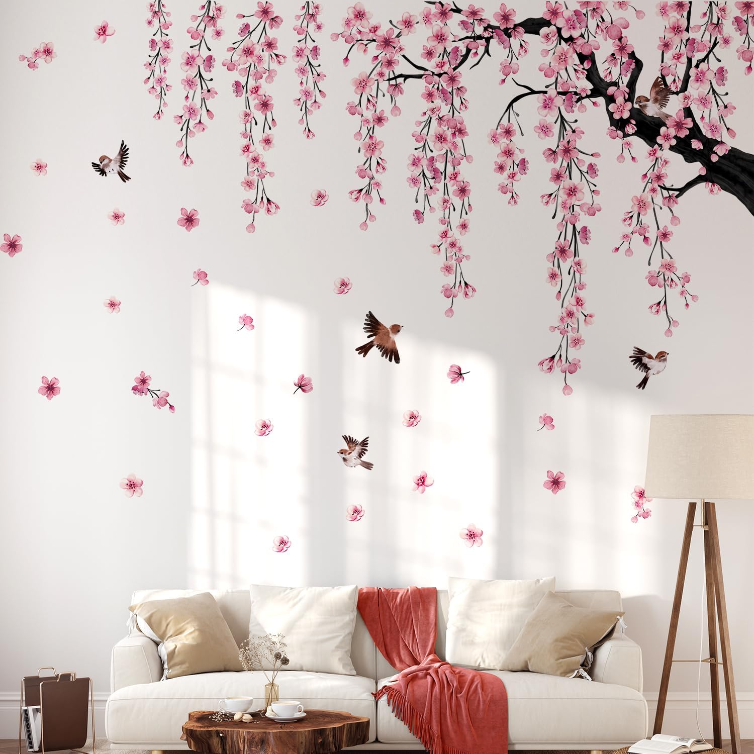Lilac Wall Decoration Large Cherry Blossom Tree Wall Stickers, 4 Sheets Spring Pink Flower Bird Wall Decals Peel and Stick Wall Murals Decor for Living Room Bedroom (Pink, 11.8 * 35.4inch)