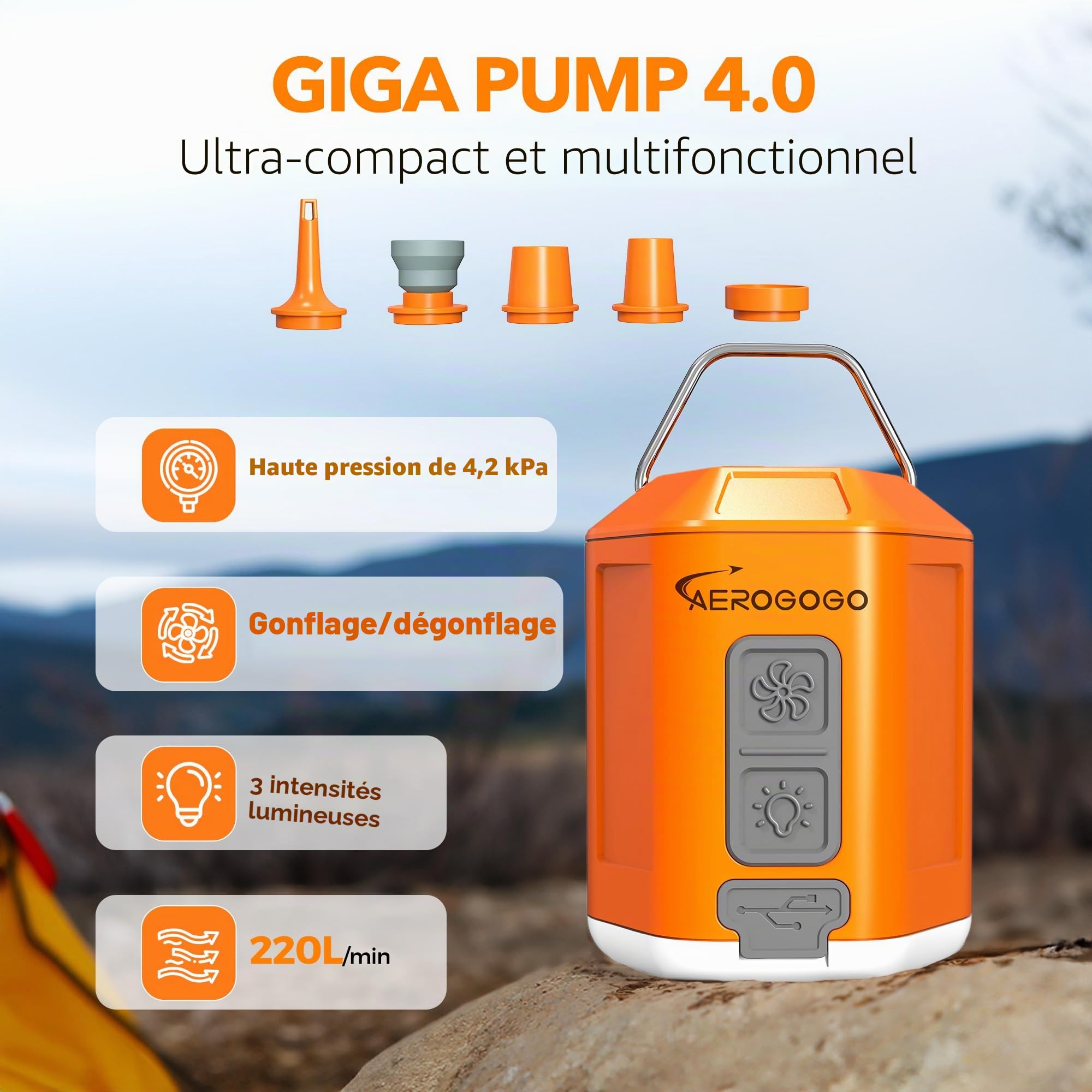 GIGA Pump 4.0 Electric Mini Air Pump for Air Mattress, Portable Pump with 1300 mAh Battery,5 Air Nozzles,Ultralight Air Pump for Swimming Rings,Vacuum Bags