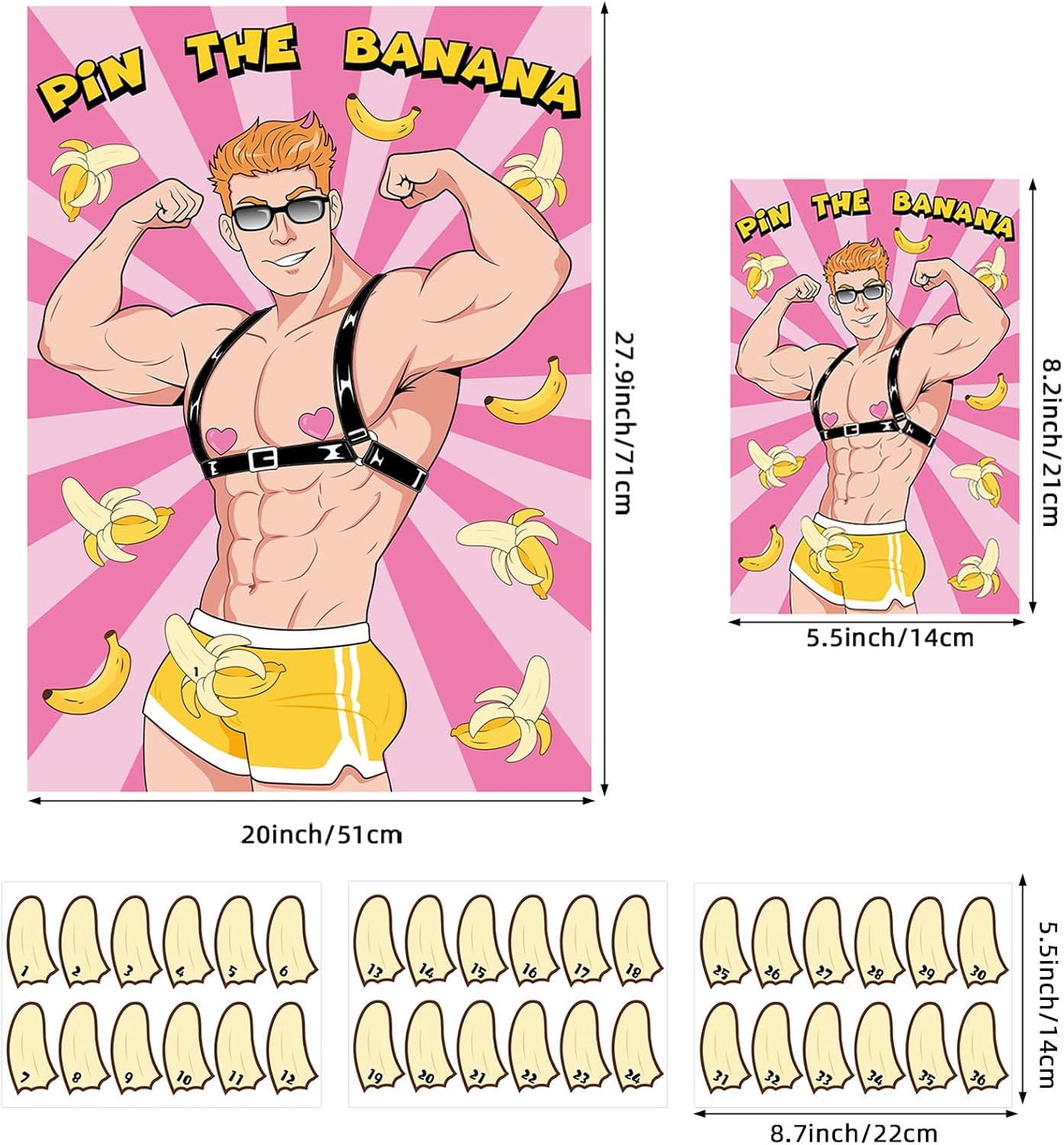 Bachelorette Party Games Pin The Banana on The Hunk Game with 36 Stickers Large Game Poster for Bridal Shower Games Bachelorette Party Games Girls Night Party Games