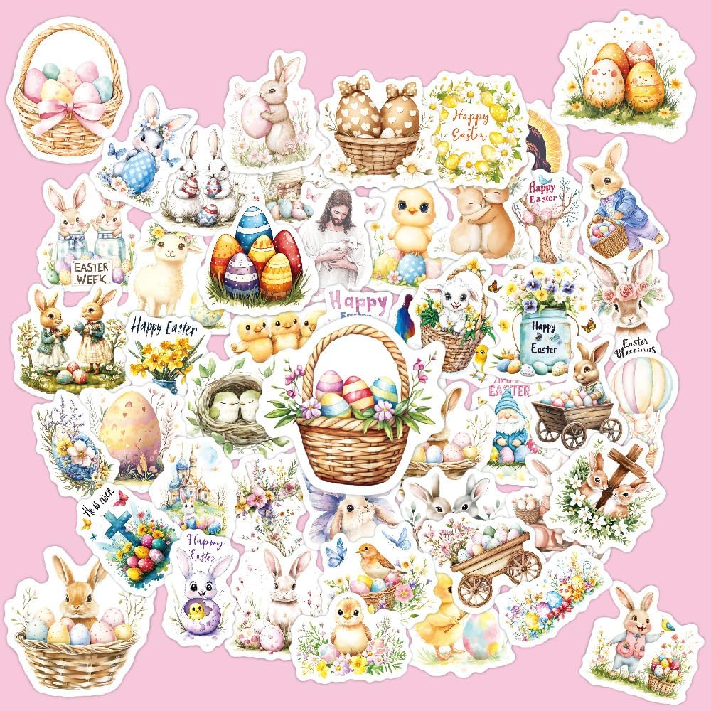 100 Pcs Easter Stickers Vinyl Waterproof Decals Easter Egg Bunny Stickers for Kids Teens Girls Adults Holiday Party Decorating for Card Water Bottle Skateboard Computer Envelope Tag Crafts Window