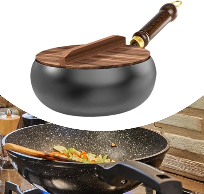 Wok antiadherente con mango de madera y fondo plano miniatura 4