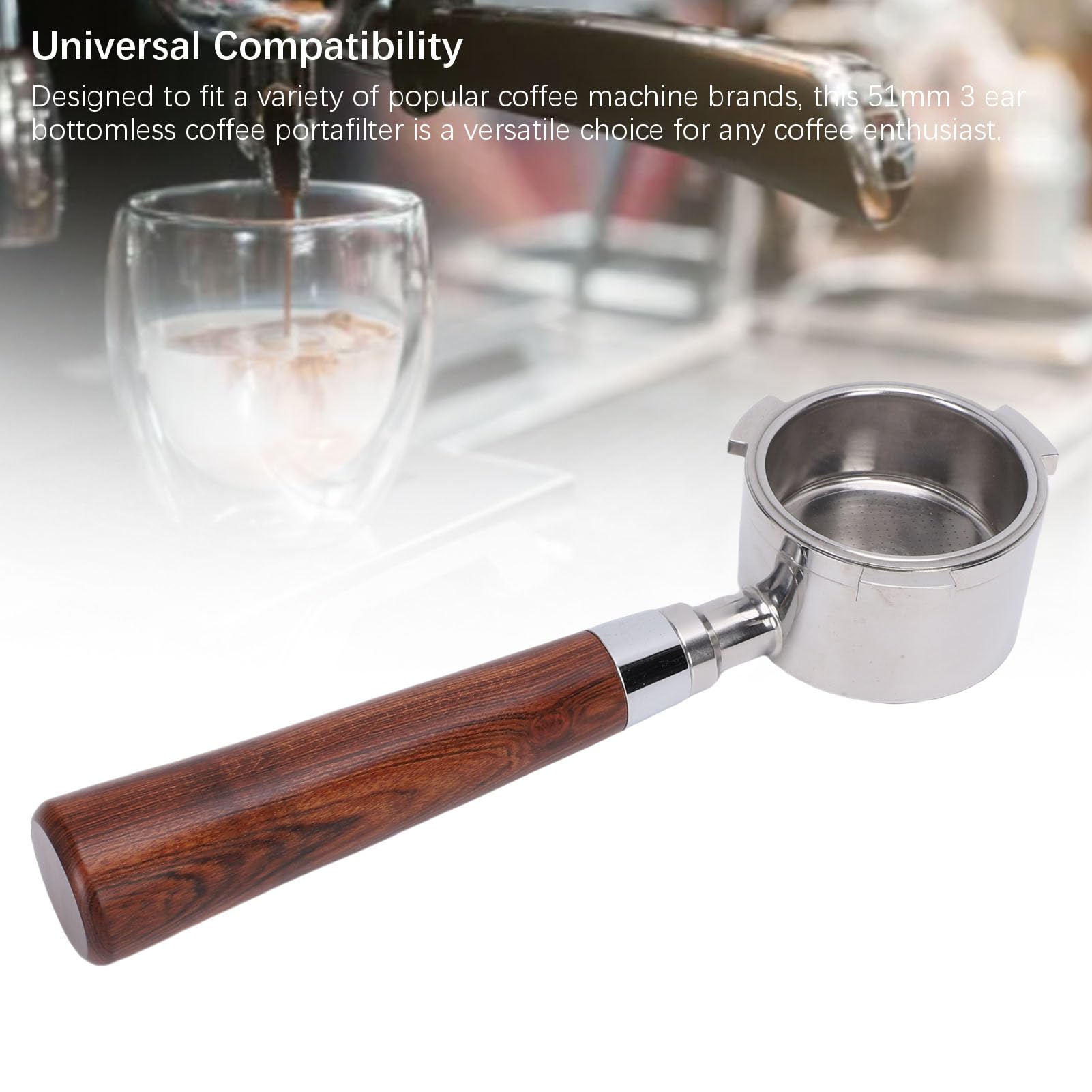 Omabeta Portafiltro sin Fondo de 51 Mm con Cómodo de Madera y Cesta de Filtro de 2 Tazas para Máquinas de café Universales