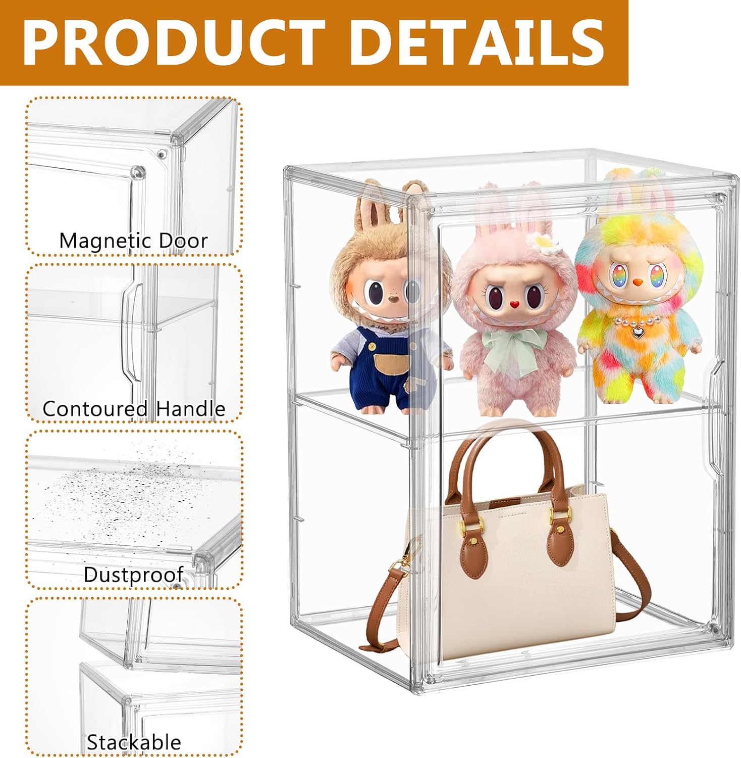 2 Pack Display Case Compatible with Labubu POP MART Clear Acrylic Storage Bin with 1 Divider Stackable Display Case for Collectibles with Magnetic Door Display Box for POP MART Labubu Doll