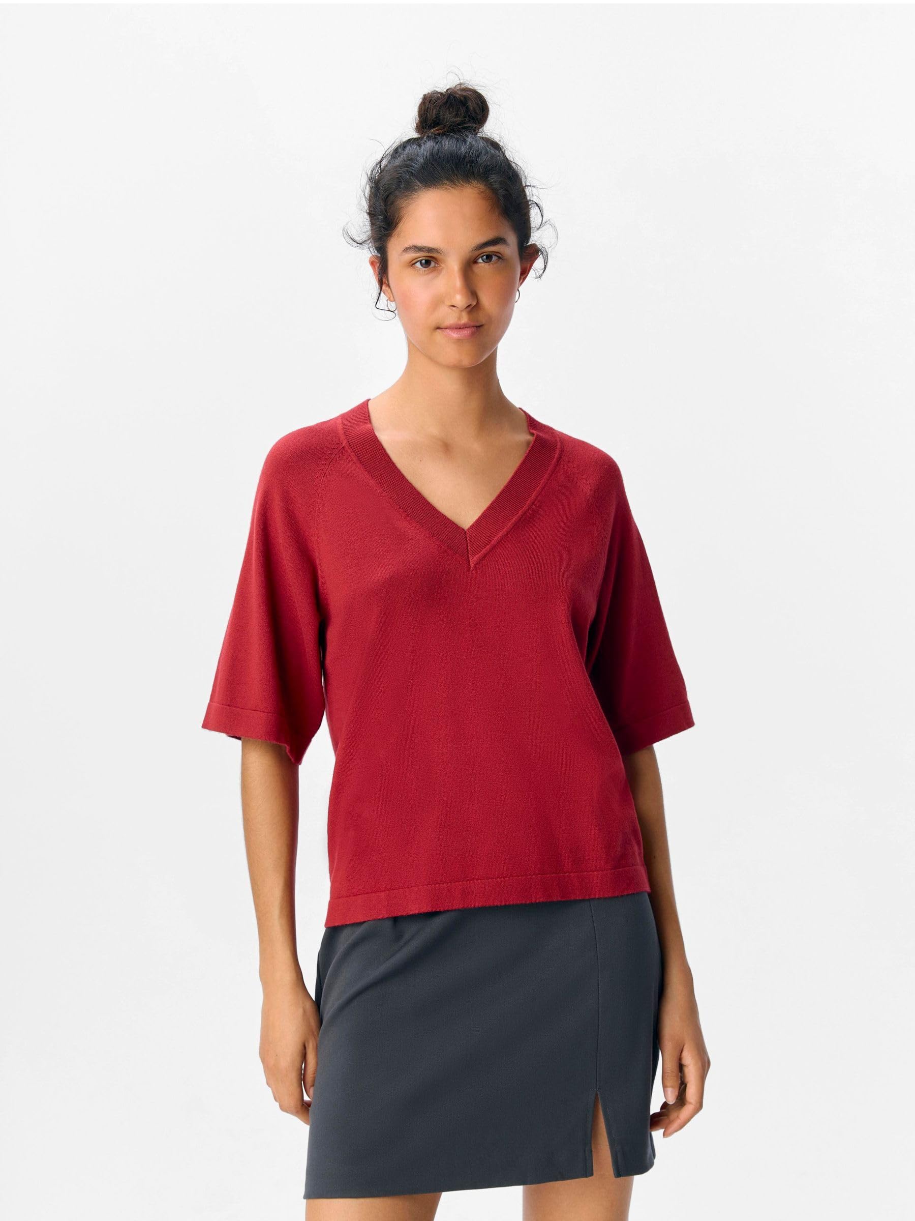 Objthess 2/4 Lo V-Neck Knit Top Noos, Karanda Red, M