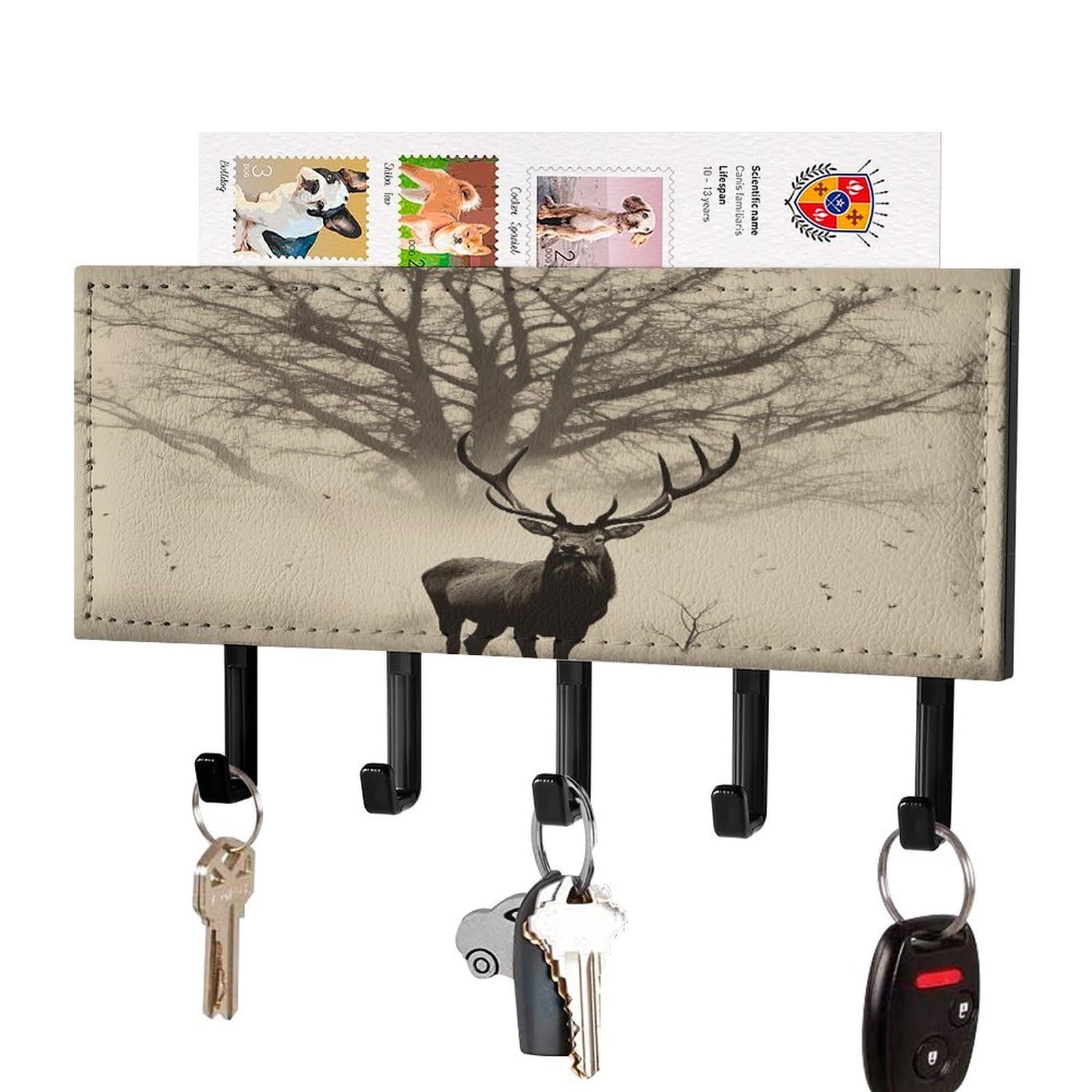 Vstadank Black-Style Abstract Tree Elk Picture Key Holder Wall Mount Easy Installation Key Racks With Tray Farmhouse Wall Shelf With 5 Hooks Self Adhesive Key Hanger And Mail Holder For Entryway Home Decor
