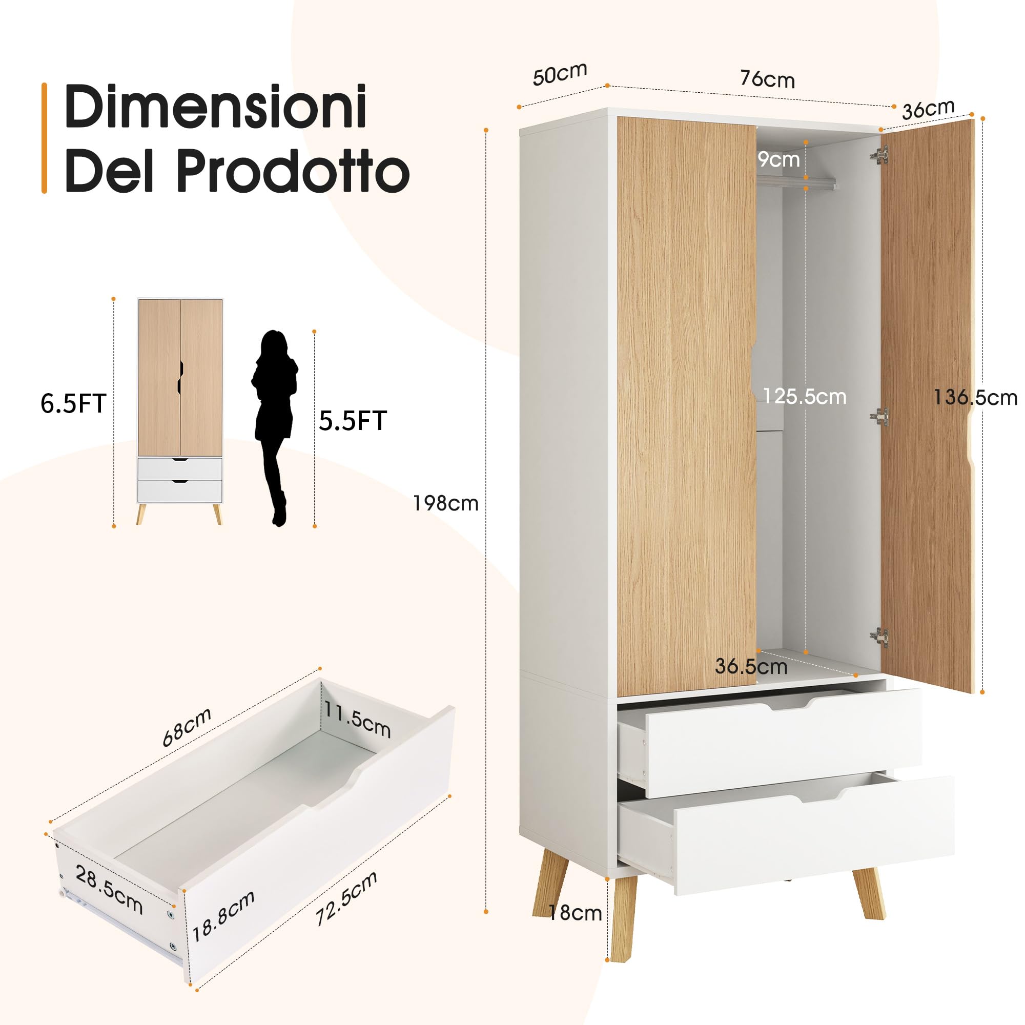 LUXOAK Armario Ropero para Dormitorio con 2 Puertas y 2 Cajones, Blanco y Efecto Madera, con Barra para Colgar, 198 x 76 x 50 cm
