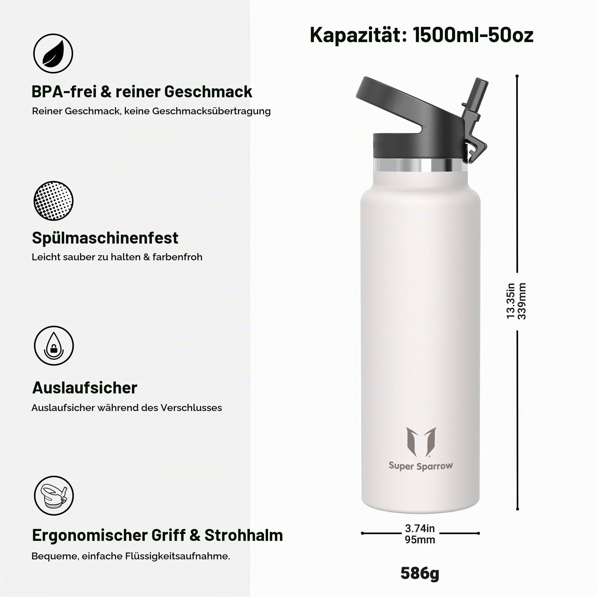 Sparrow Edelstahl Trinkflasche 1.5L Thermosflasche mit Strohhalm Deckel | Isolierbecher Thermosflasche Wasserflasche Edelstahl, Auslaufsicher & Spülmaschinenfest, BPA-frei, Heiß & Kalt für Alltag