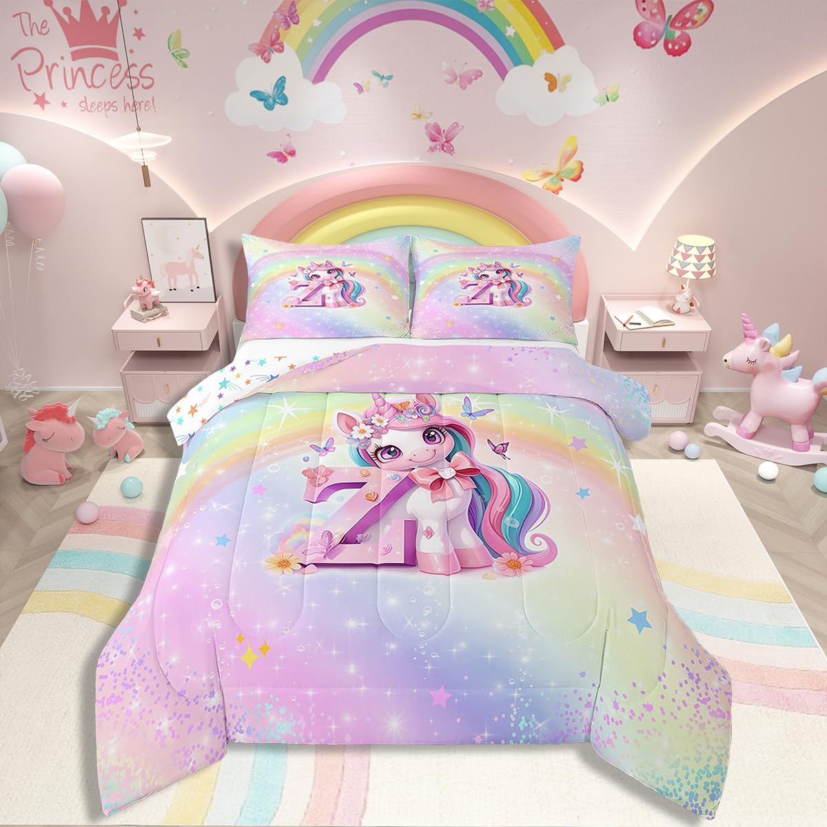 Erosebridal Bow Unicorn Kids Comforter Sets,Kawaii Rainbow Bedding Set for Kids Boys Teens Princess Galaxy Down Comforter,Twin Glitter Stars Decor for