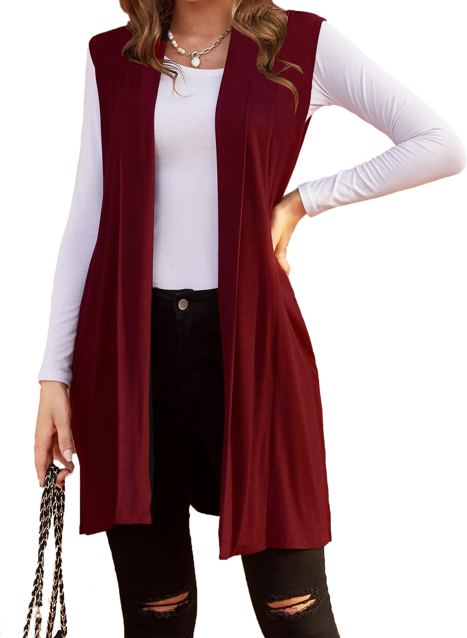 BeyoveWomens Long Vests Sleeveless Draped Lightweight Open Front Cardigan Layering Vest with Side Pockets