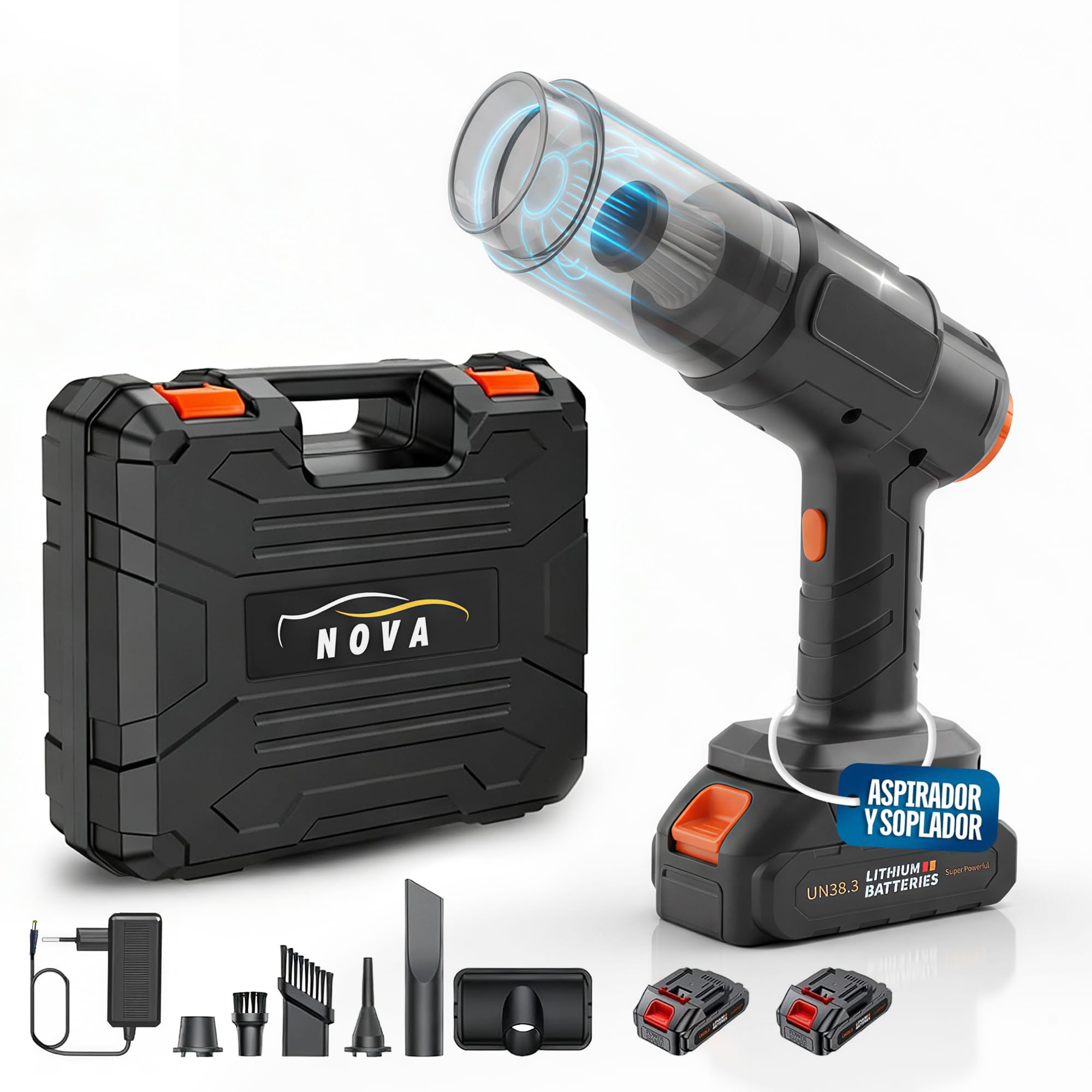 Nova - Aspirador Coche Potente - Soplador de Aire Potente y Aspirador de Mano con 19000PA 7 en 1 - Aspiradora Portatil de Motor sin Escobillas con Maletin para Oficina, Coche y Hogar