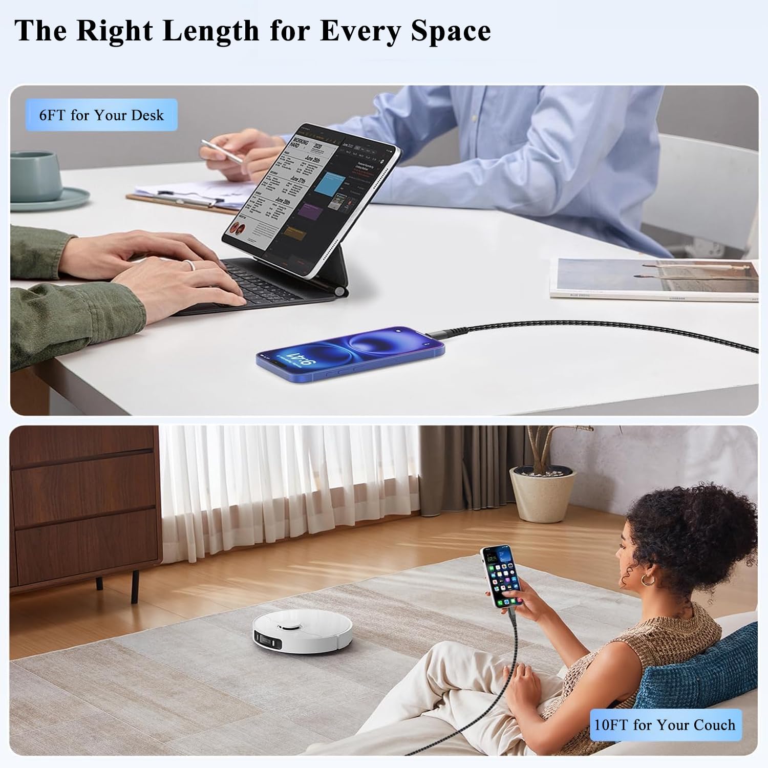 USB C to USB C Cable, 240w Type C Charger Fast Charging for iPhone 17 16 15 Pro Max Plus Air, Braided USB-C Cable for iPad Mini, Laptop Charge Cord for Macbook Neo Chromebook, Samsung S25 Black 6+10Ft
