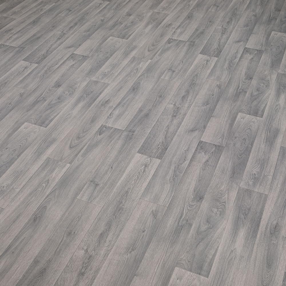 Grey Modern Plank Effect Callisto Vinyl Flooring 2mm Thick Lino Roll Bathroom Kitchen (4m Wide x 2m Long)
