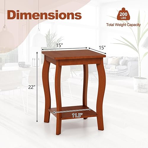 Miniatura 3 de GOFLAME Mesa auxiliar cuadrada de 2 niveles, moderna mesa auxiliar de sofá con estante de almacenamiento, patas de madera maciza, mesa de acento